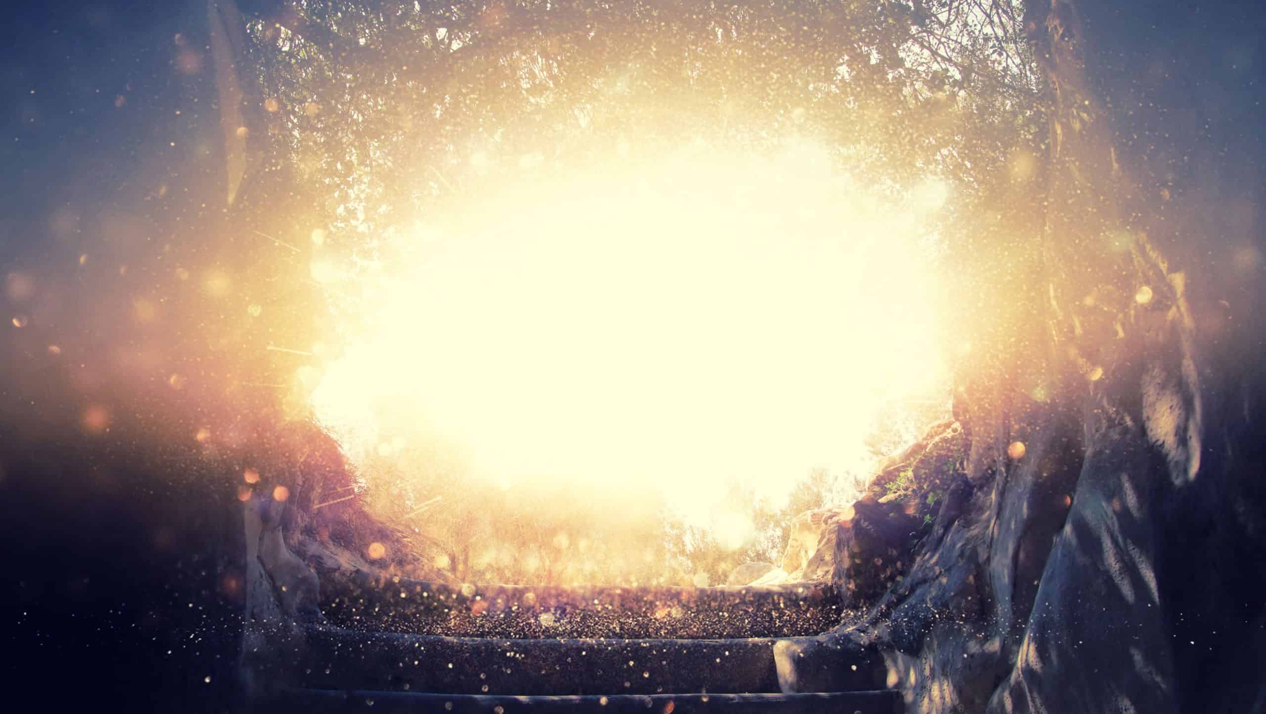 Abstract and surrealistic image of cave with light. revelation and open the door, Holy Bible story concept.