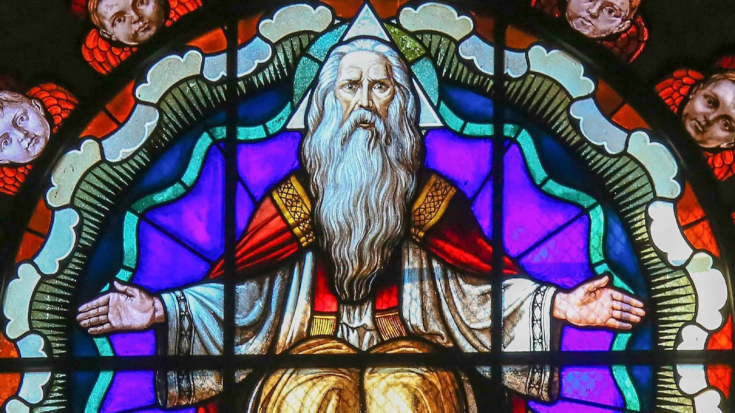 Stained Glass in the Basilica of San Petronio, Bologna, Emilia Romagna, Italy, depicting God the Father in Heaven