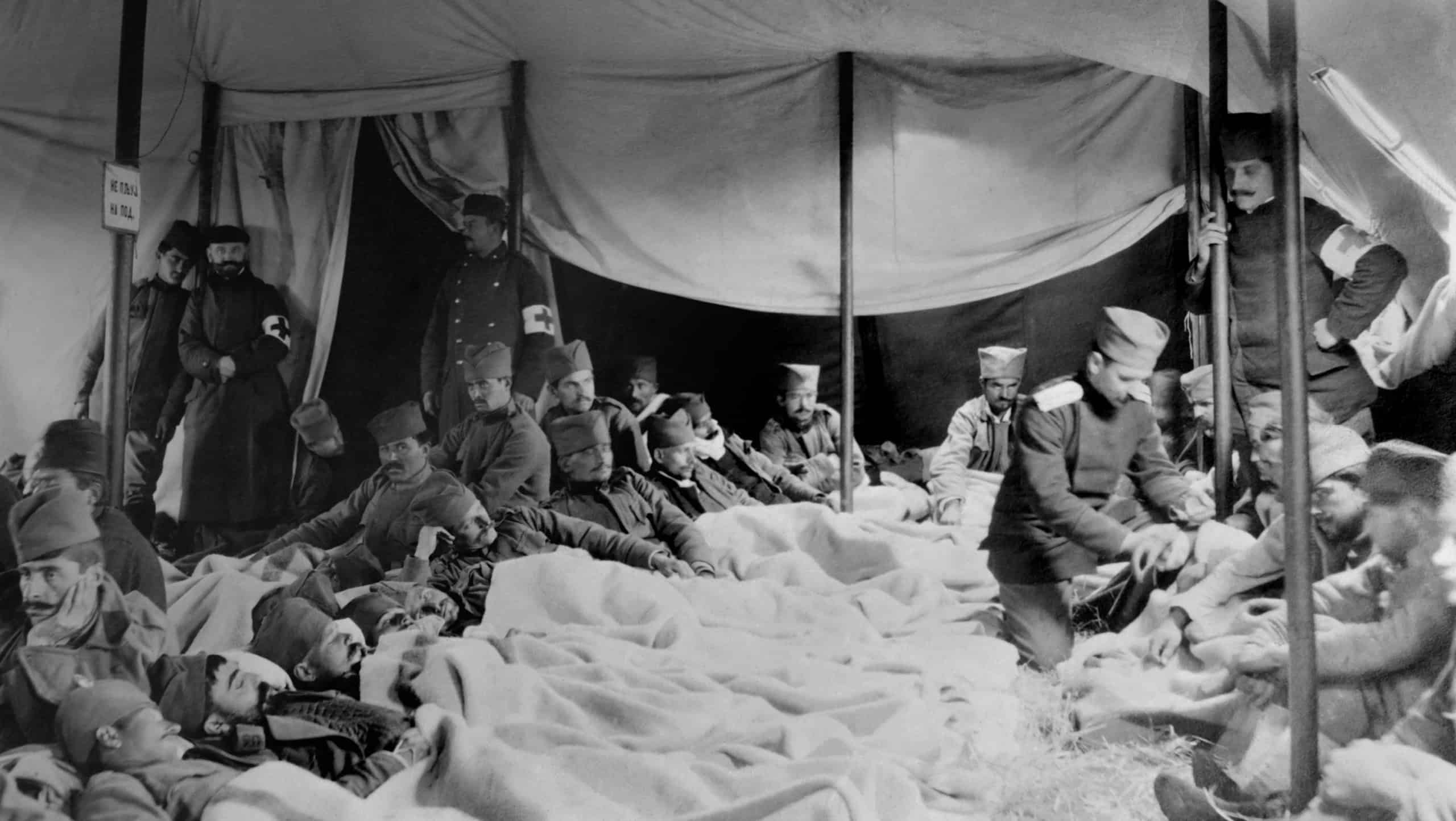 Siege of Ottoman Adrianople by Bulgarian and Serbian forces, Nov. 3, 1912 _March 26, 1913. Serbian Red Cross tent with wounded soldiers