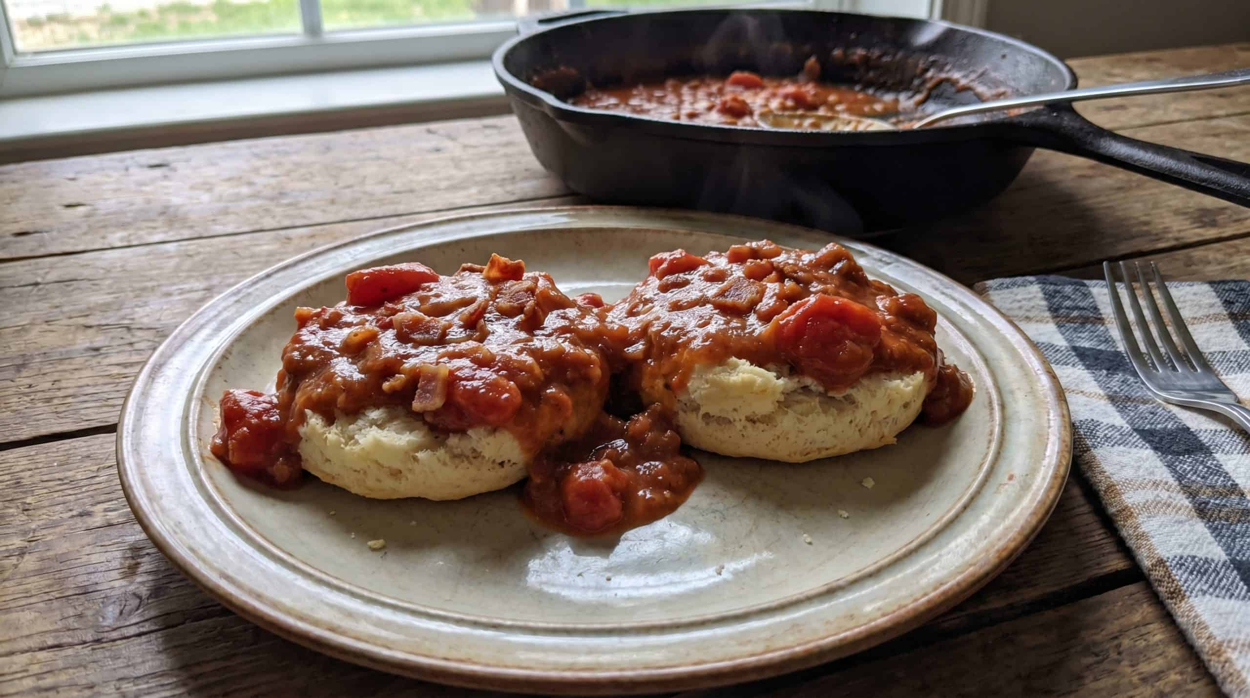 Tomato gravy over biscuits