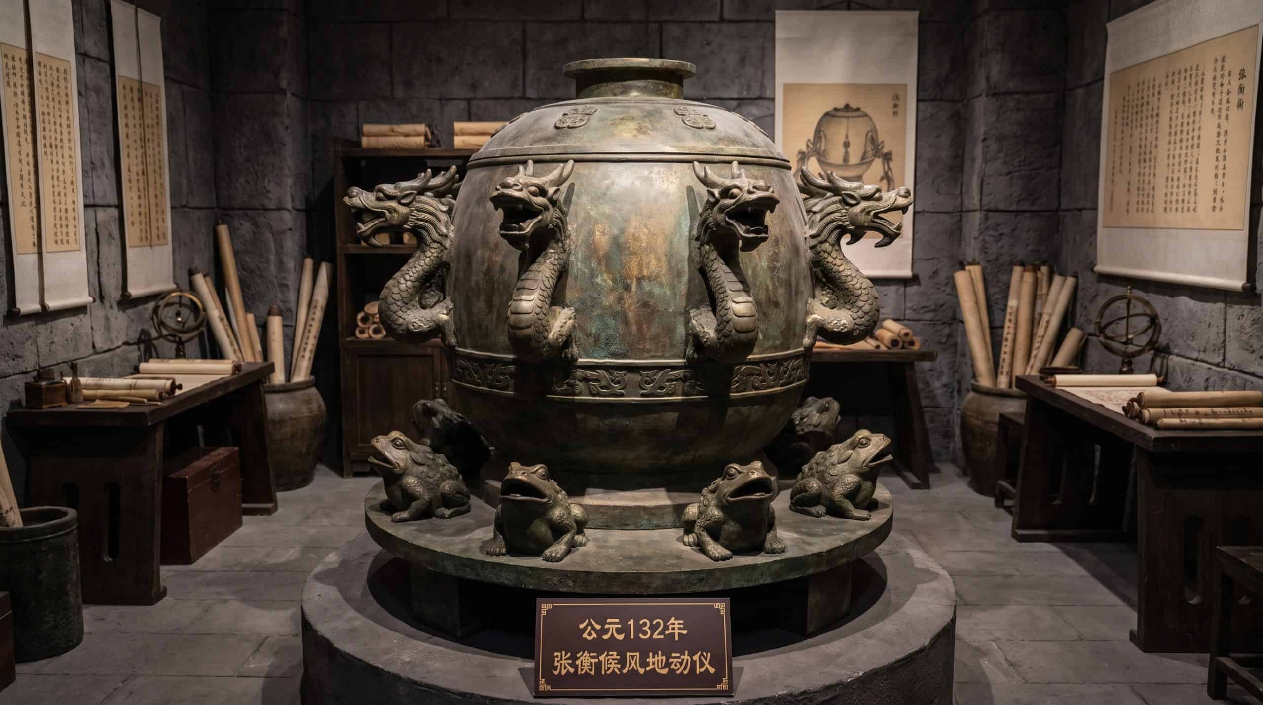 In 132 CE, Zhang Heng created an earthquake detector that had dragon heads around the outside and toads underneath them.