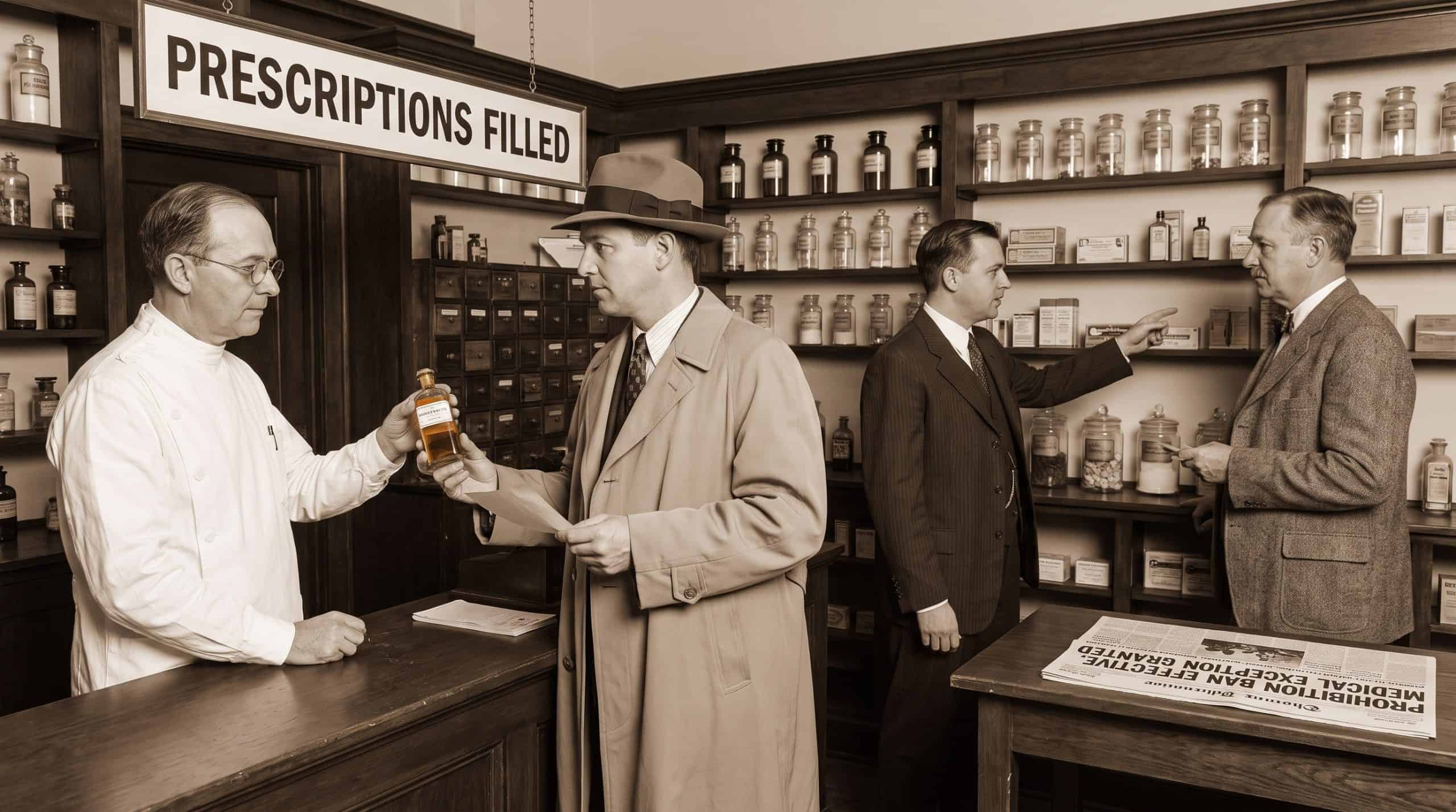 Prohibition. Alcohol was mostly banned, yes, but doctors were legally allowed to prescribe alcohol as a medicine, and pharmacies could fill the prescription.It was usually just whiskey or brandy. Still, people could go to their doctor and get a prescription for alcohol during a time when ordinary alcohol sales were completely banned. What a loophole.