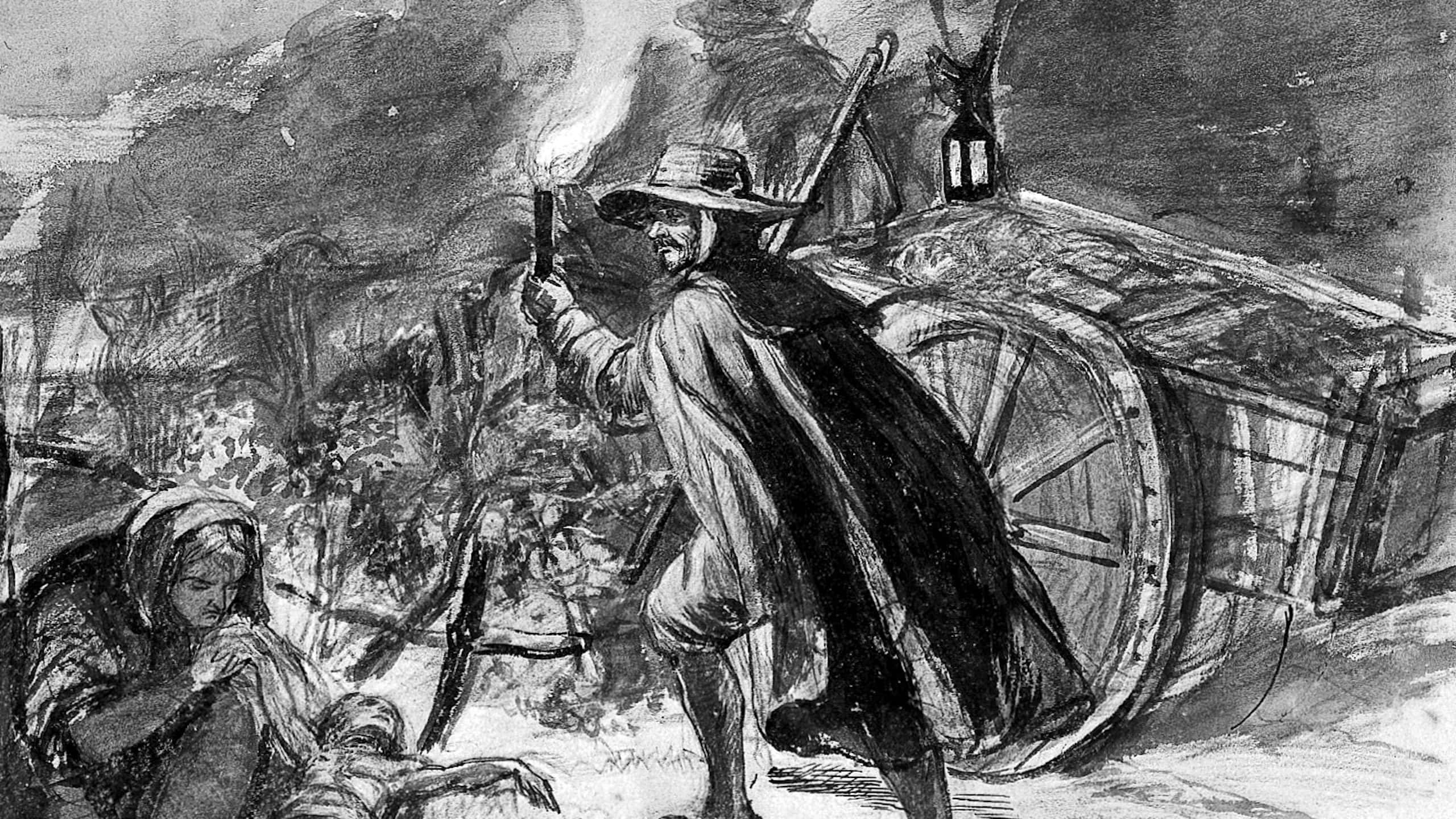 A man with a torch walking alongside a cart of plague victims