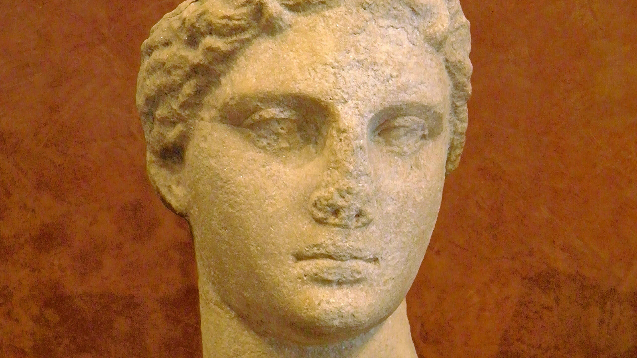 Daughter of Ptolemy I and Berenice I, and sister and wife of Ptolemy II who ruled over Greek Egypt from 284 to 246 BC, Arsinoe II is identified here with the goddess Isis–Selene (the moon), as shown by the two small horns on the brow. The head probably belonged to a statue carved in a different material.