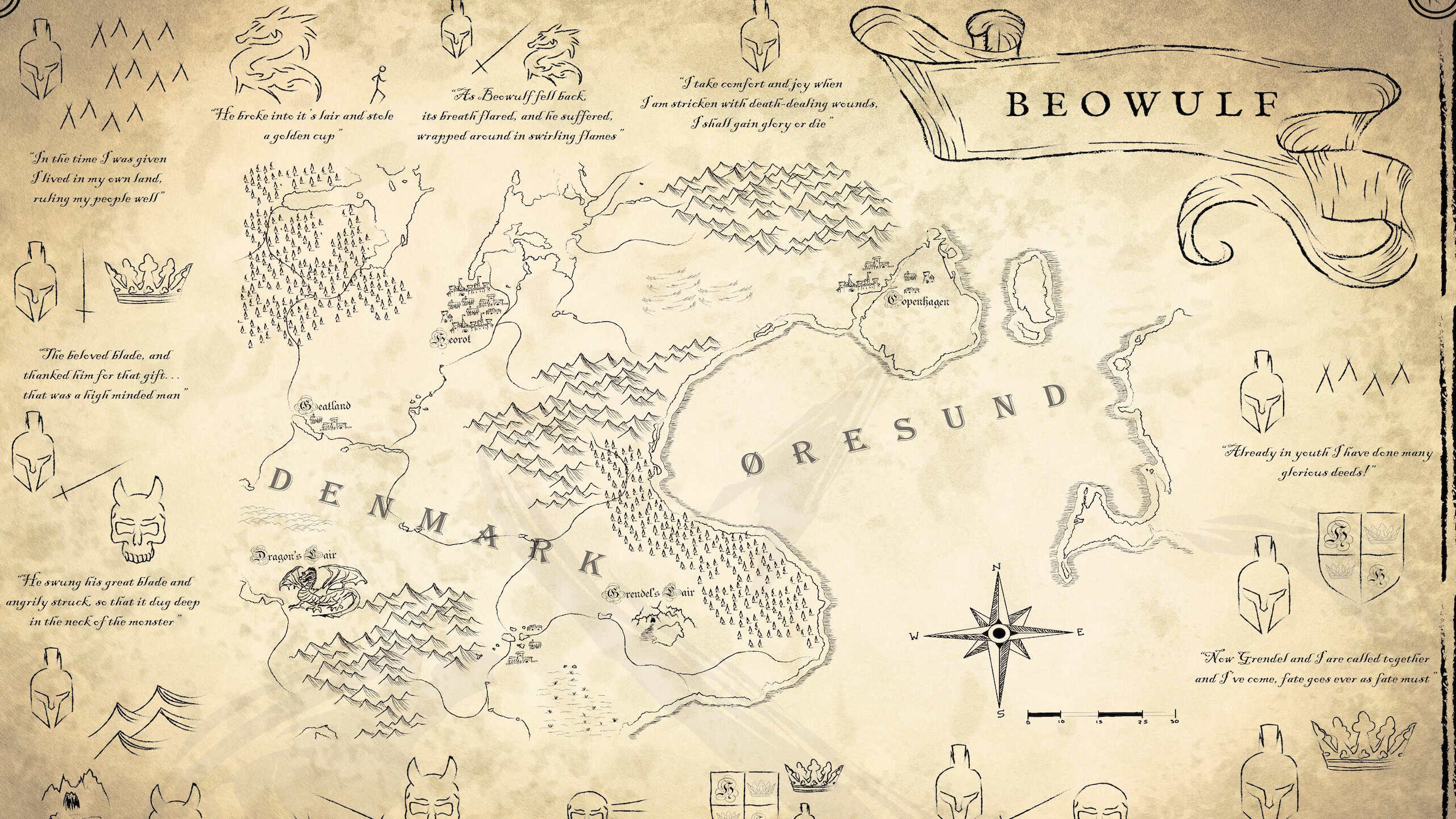 This is an infographic depicting the entire story of the epic poem of Beowulf, it depicts the key events in the poem in small illustrations with a historical map of the story of Beowulf illustrated in the centre