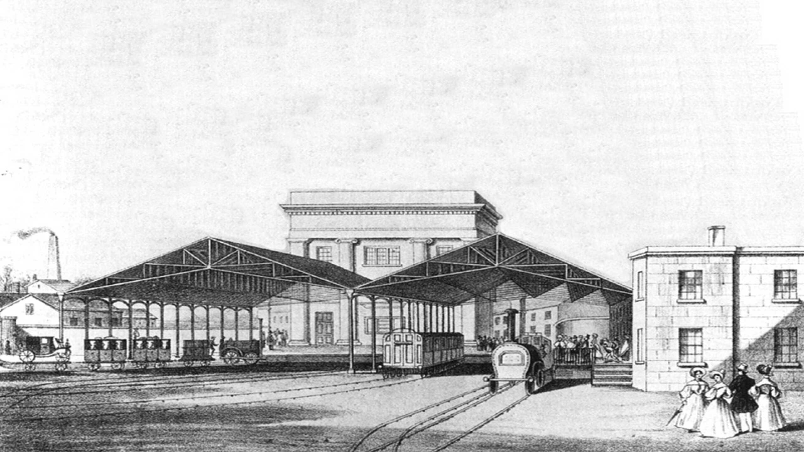 1838 drawing of the rear of the Birmingham Curzon station's platform