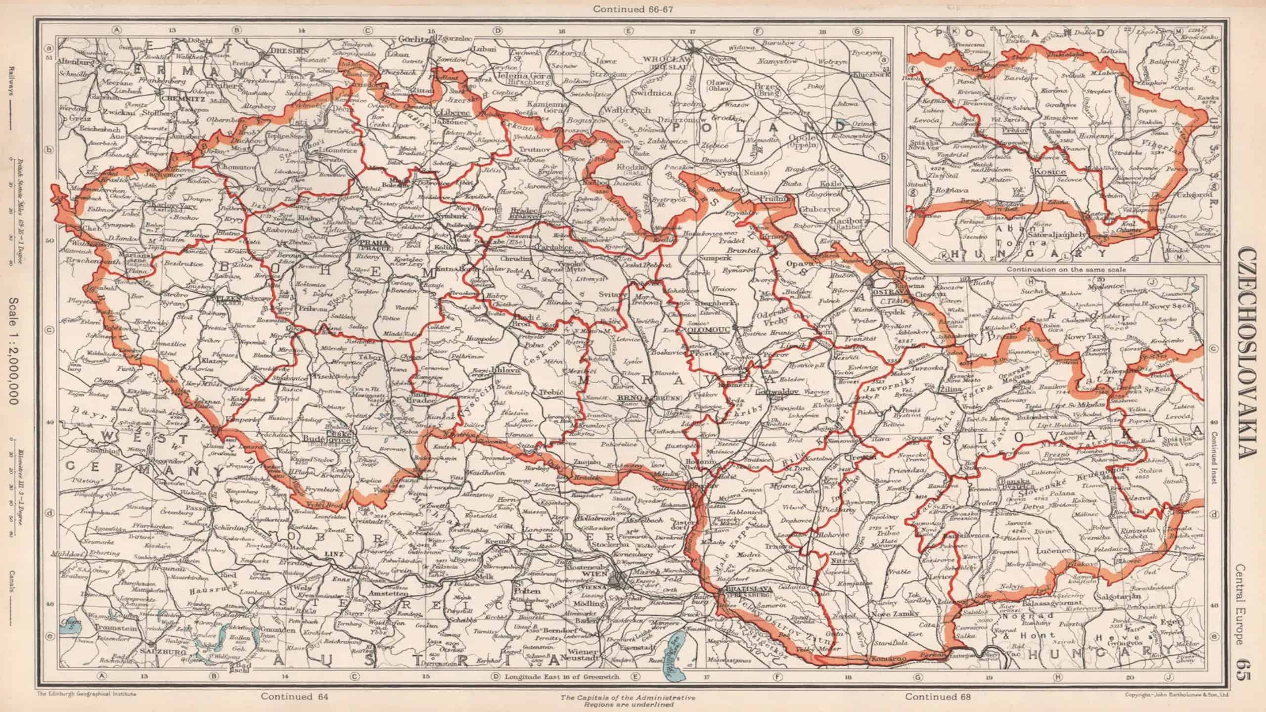 Old map of Czechoslovakia from 1952