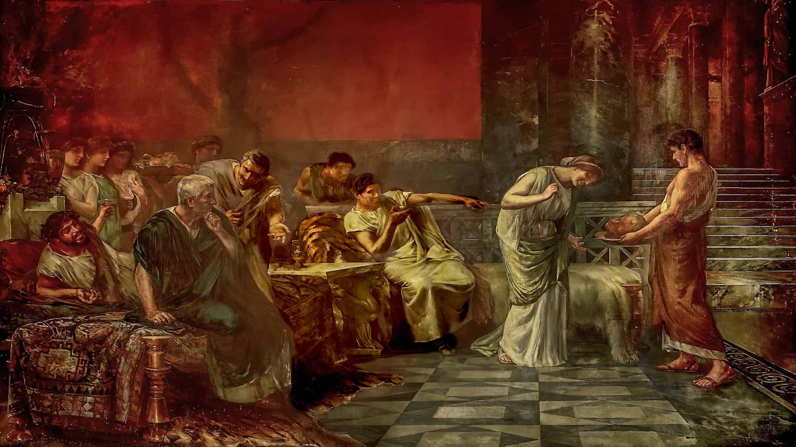 Fulvia, the wife of Marc Antony, outrages the severed head of the distinguished politician and orator Marcus Tulius Cicero, who was executed in the year 43 BCE in retaliation for his many speeches against Antony