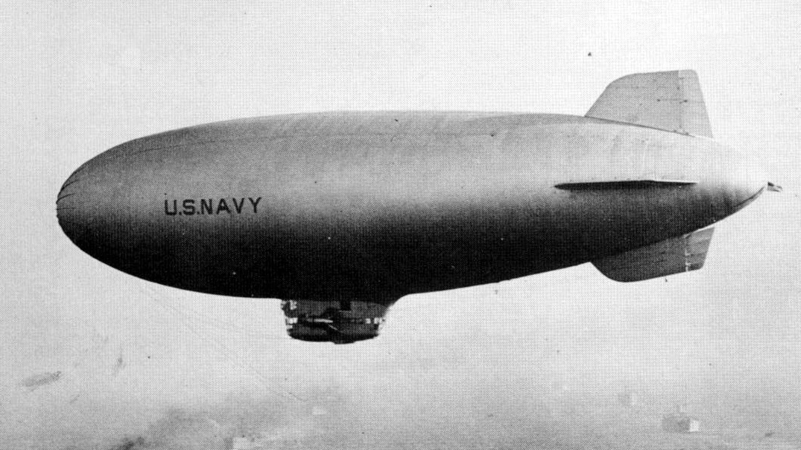 A U.S. Navy K-class blimp over a convoy during the Second World War.