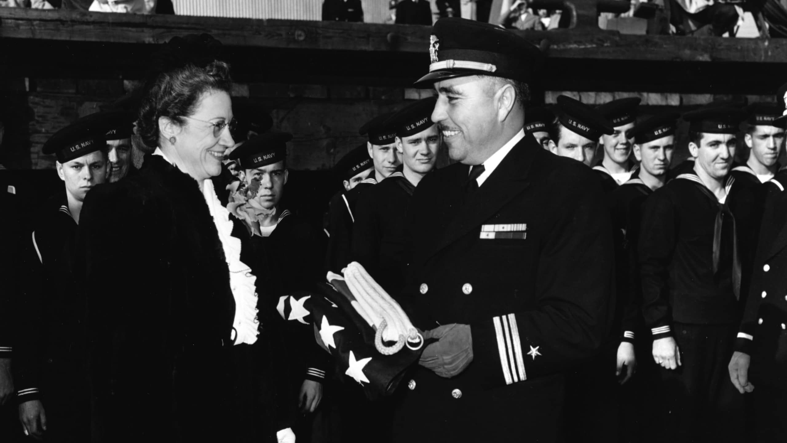 LCdr. Commander Ernest E. Evans, U.S. Navy, at the commissioning ceremonies of USS Johnston