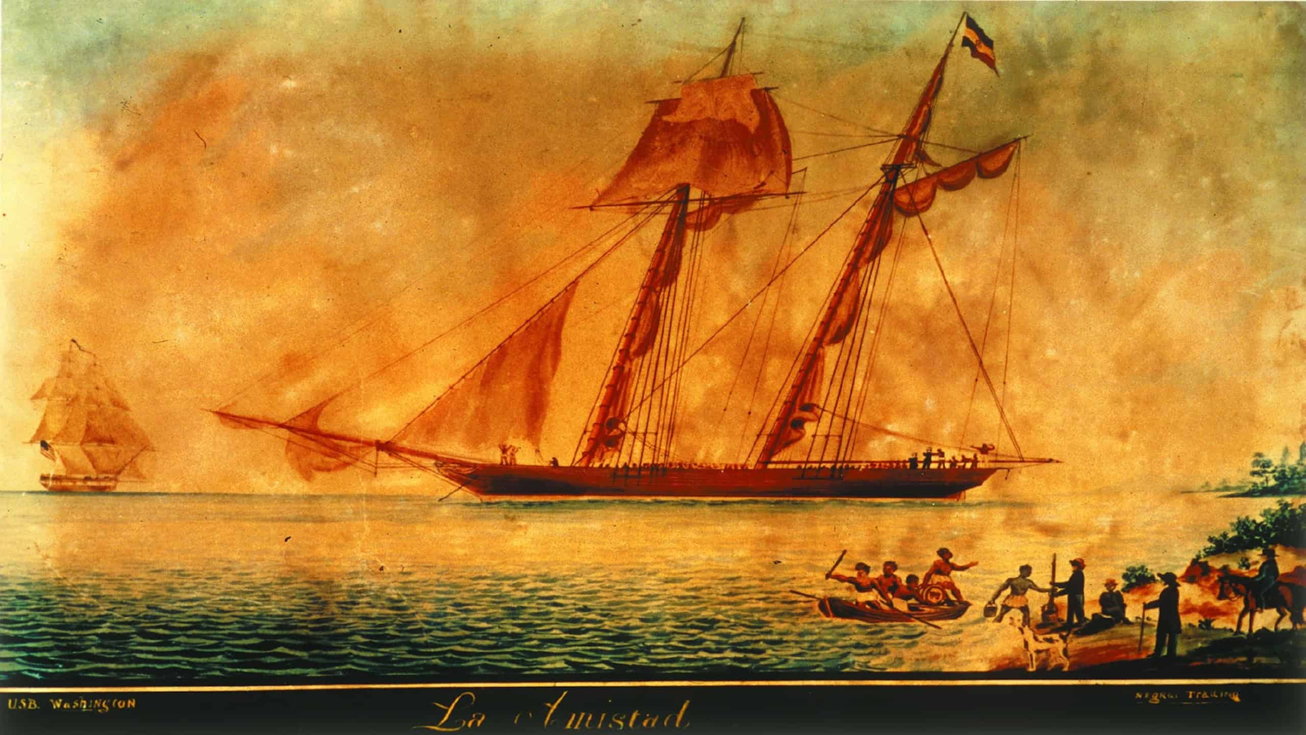 Contemporary painting of the sailing vessel La Amistad off Culloden Point, Long Island, New York, on 26 August 1839; on the left the USS Washington of the US Navy (oil painting)