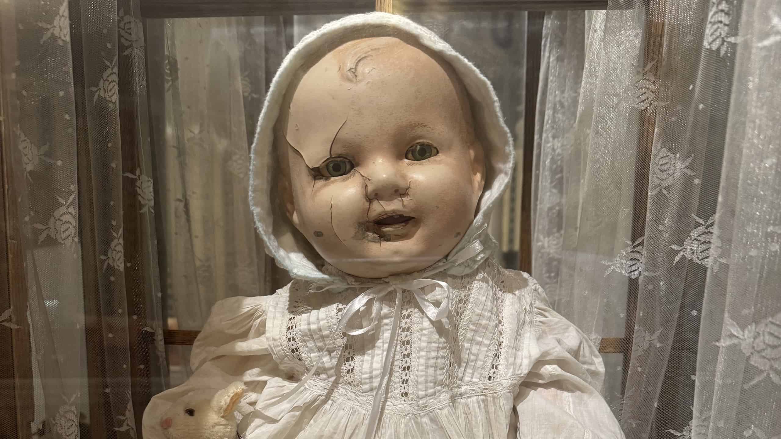 Mandy The Doll in her display case at Quesnel & District Museum and Archives