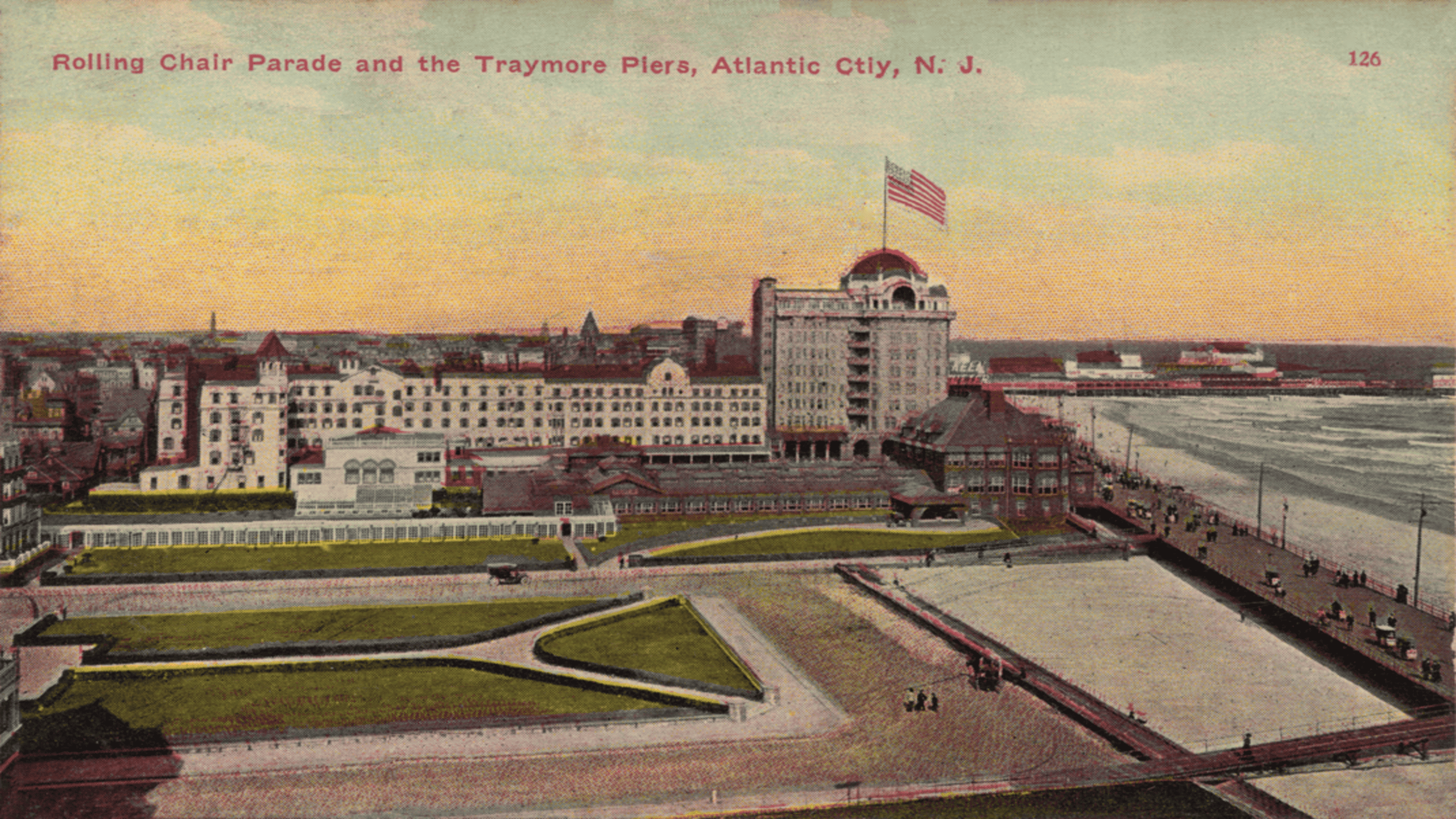 Rolling chair parade and Traymore Piers, Atlantic City, NJ