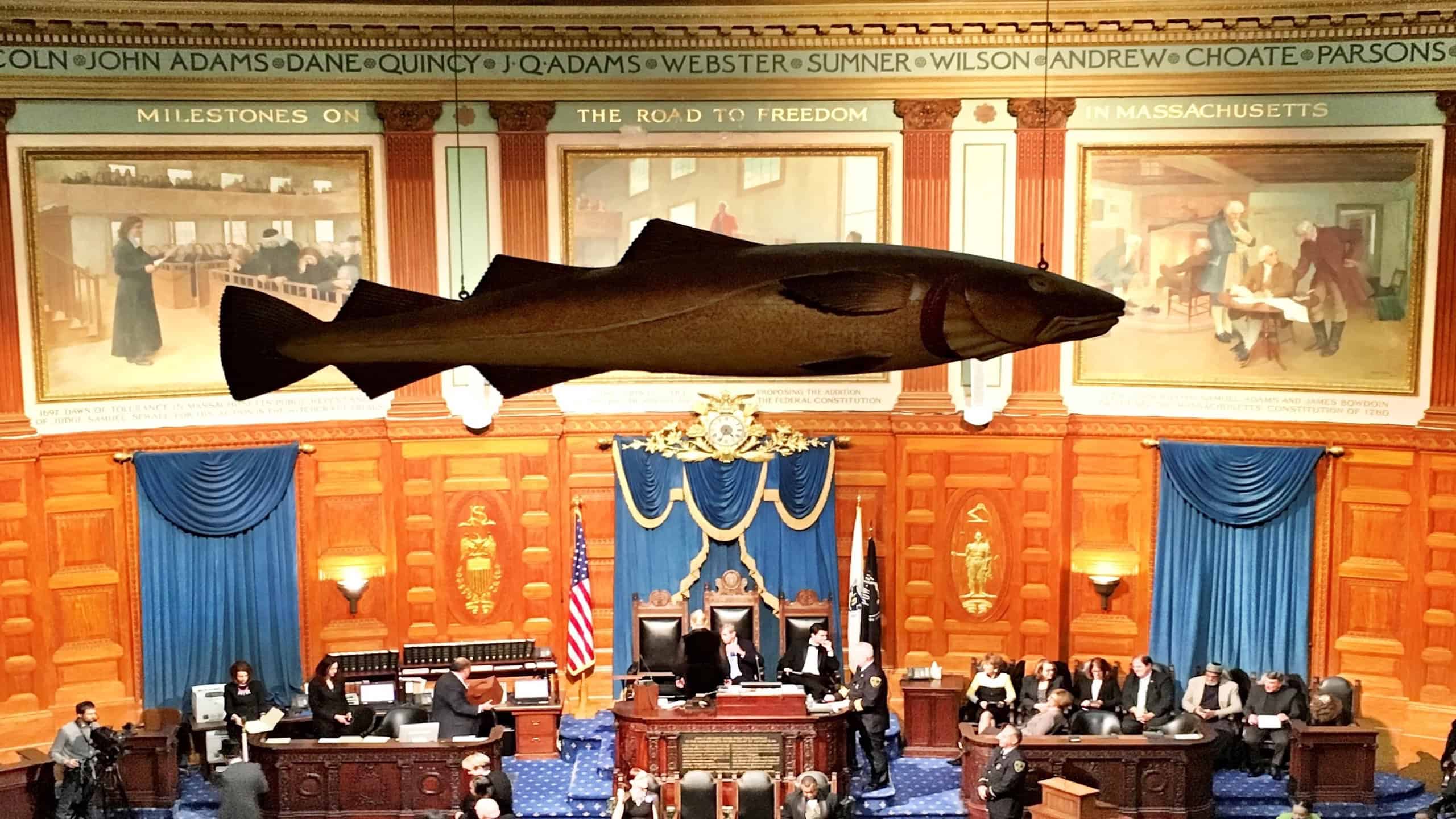The Sacred Cod hanging above the chamber of the Massachusetts House of Representatives; overseeing the 2016 presidential election's session of the Electoral College.