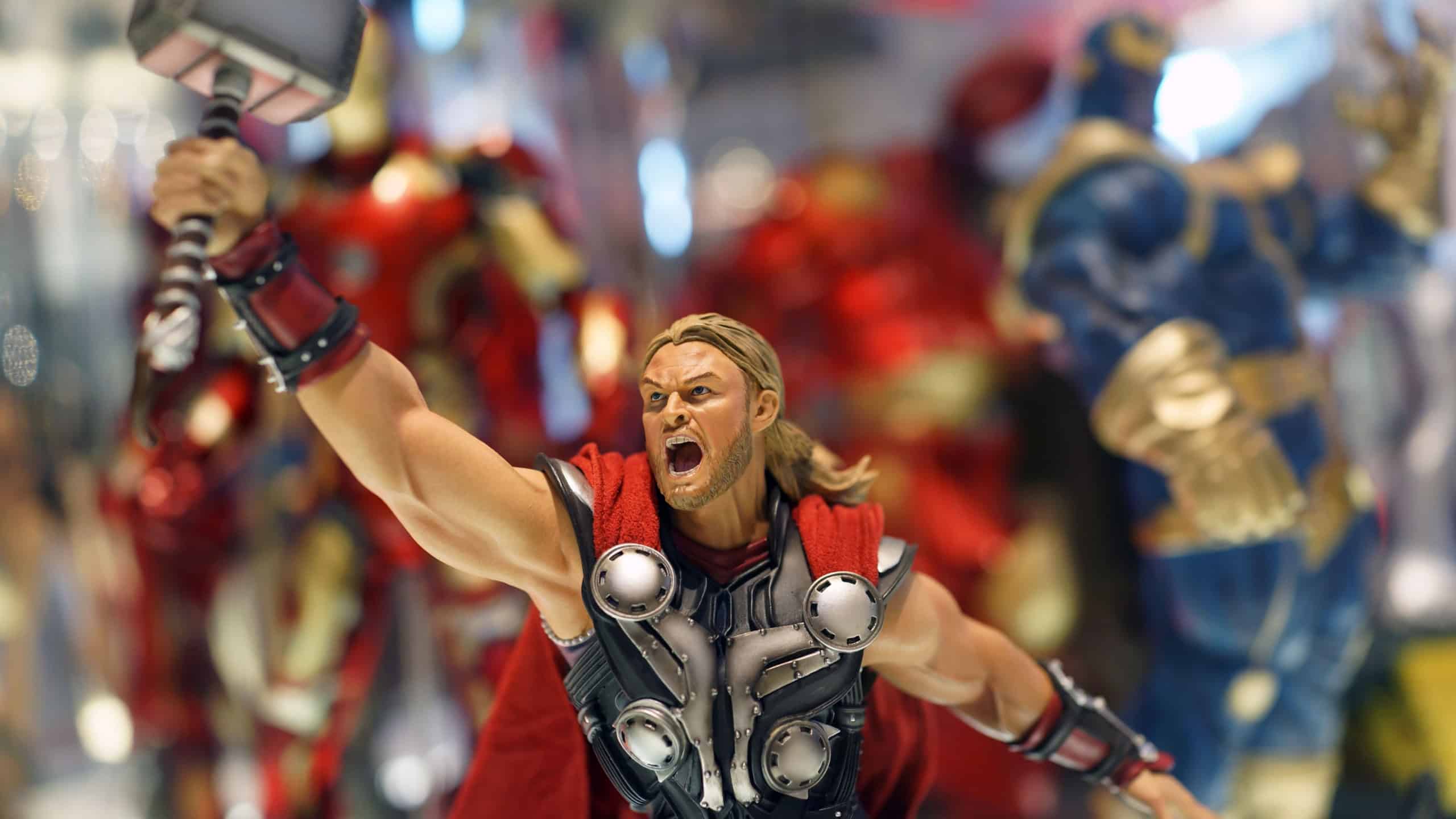 Close up shot of Thor figure model on store shelf.