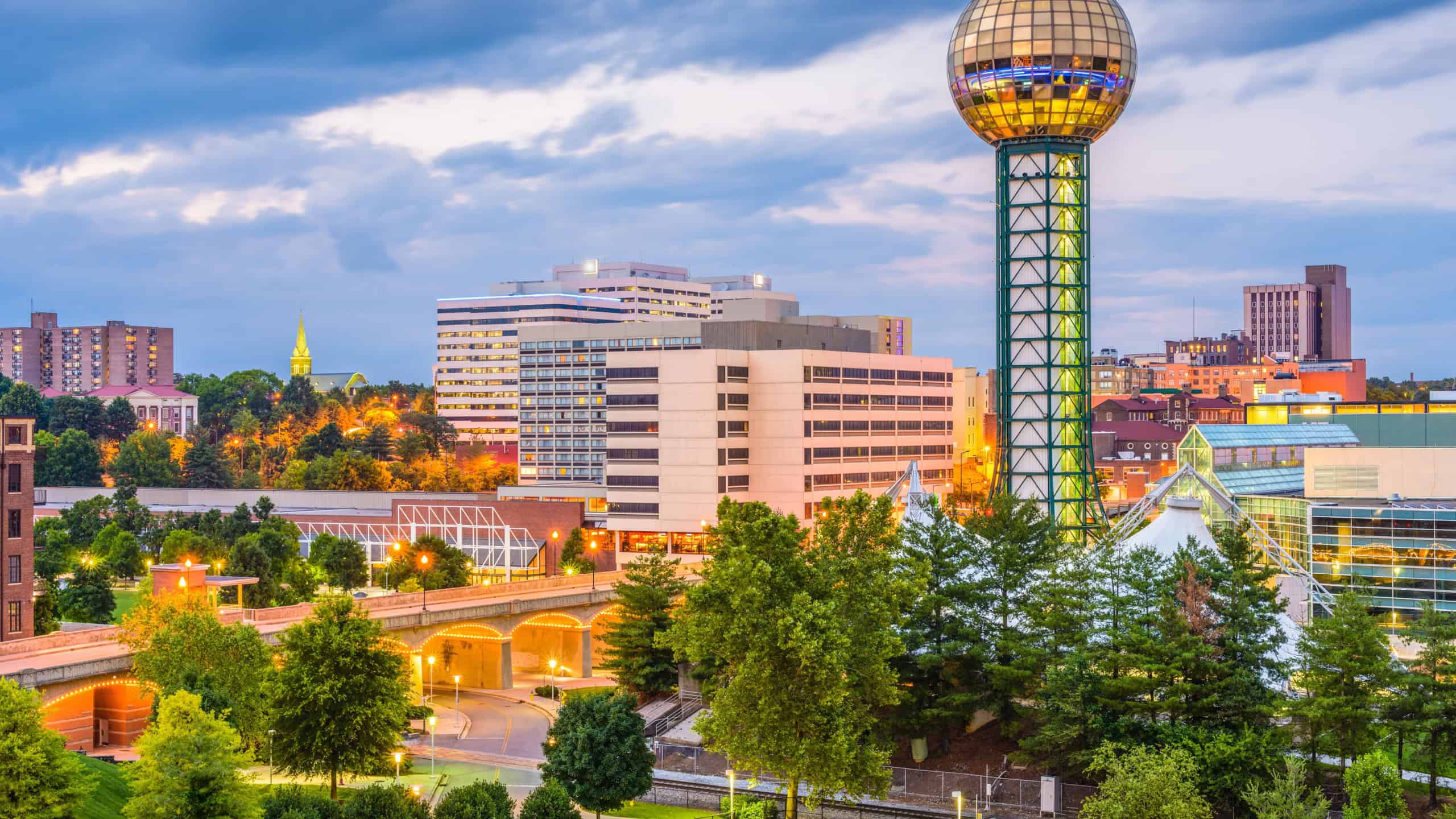 Knoxville, Tennessee, USA downtown skyline at twilight.
