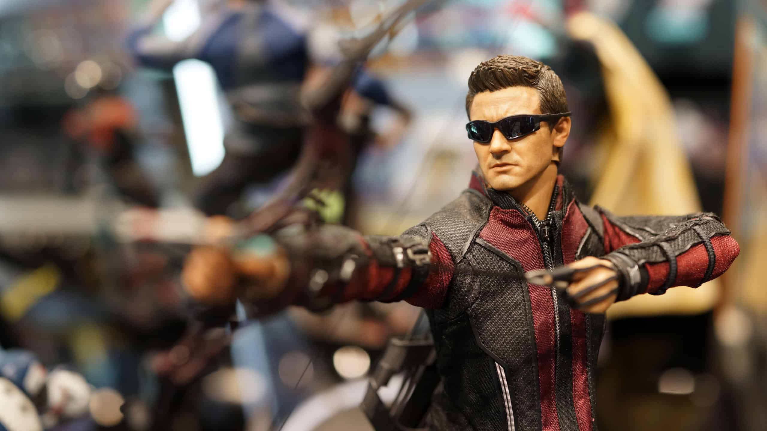 Close up of Hawkeye figures on display shelf
