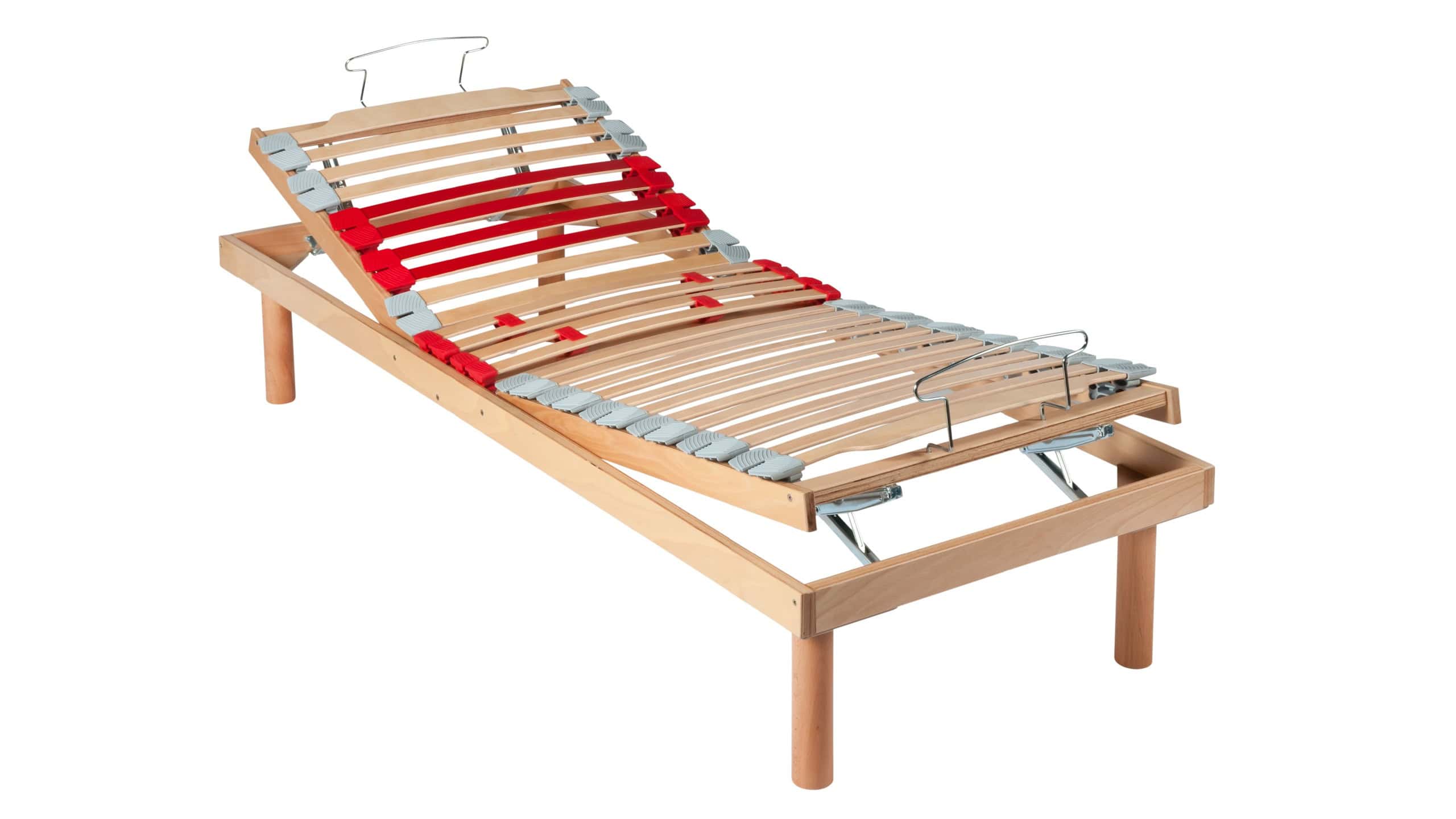 Single wooden orthopaedic net bed with double manual movements or adjustable mechanisms isolated on white with no bedding