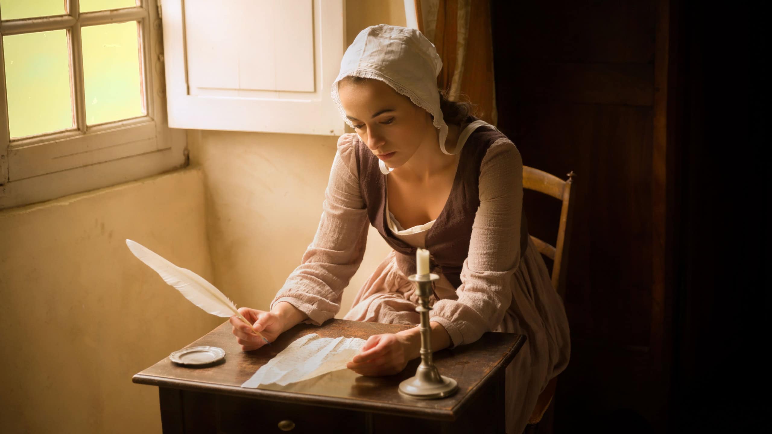 Vermeer style portrait of a young maid in renaissance costume writing a letter with a feather quill