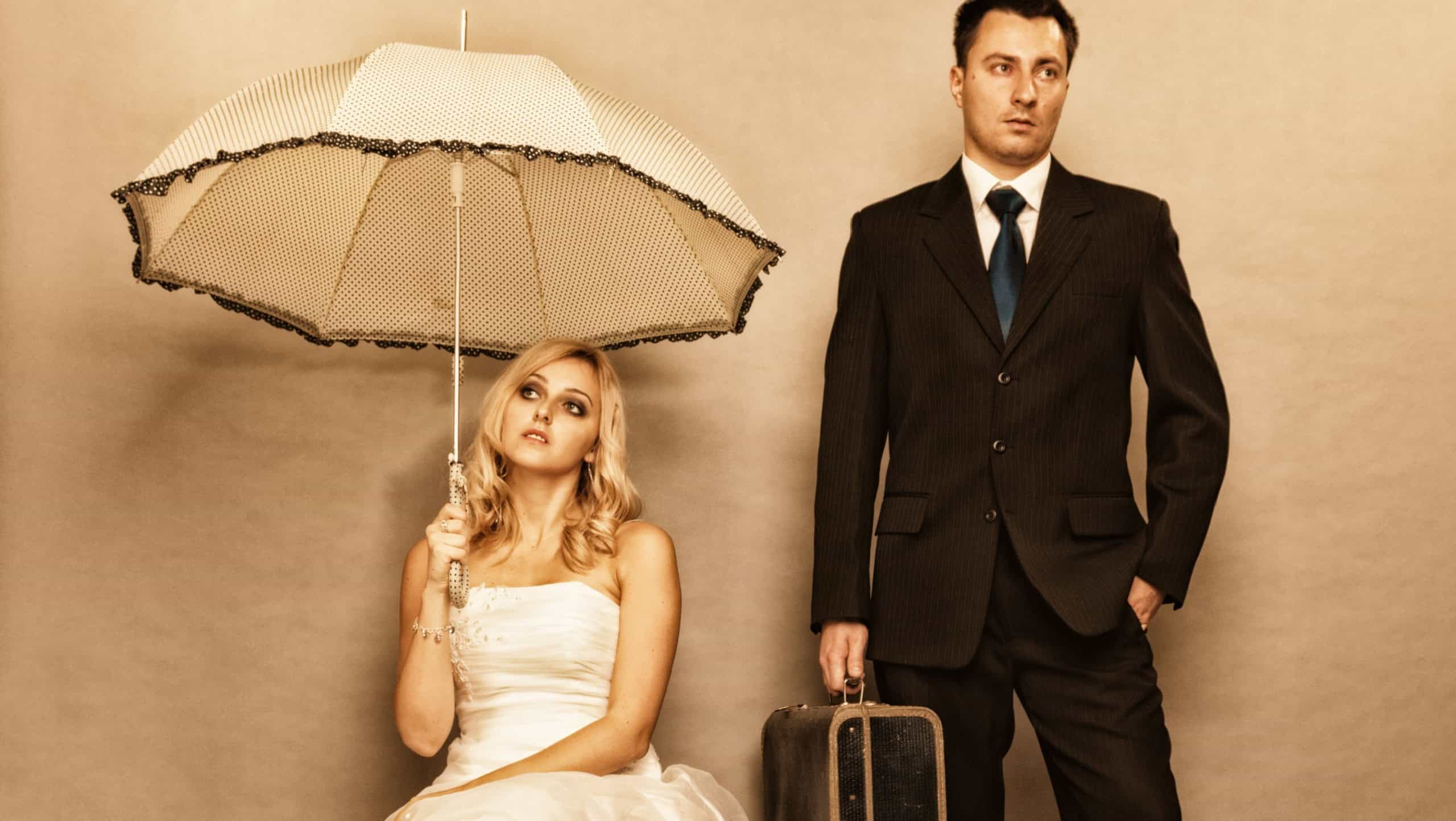 Bad relationship concept - married couple problem indifference depression and discord. Man woman in disagreement. Vintage photo retro style