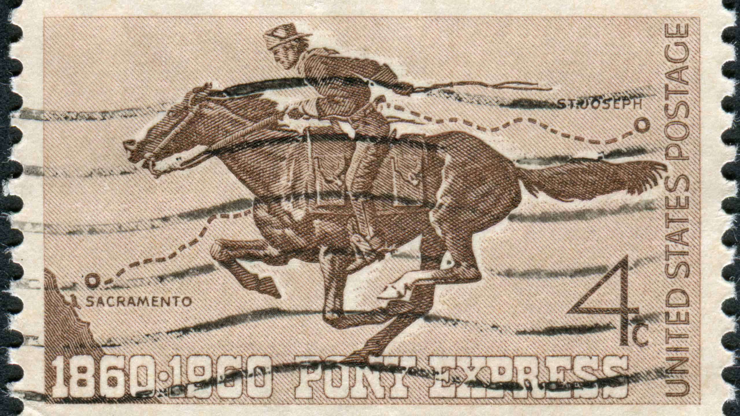 USA - CIRCA 1960: A postage stamp printed in USA, Pony Express Centennial Issue, shows Pony Express Rider, circa 1960