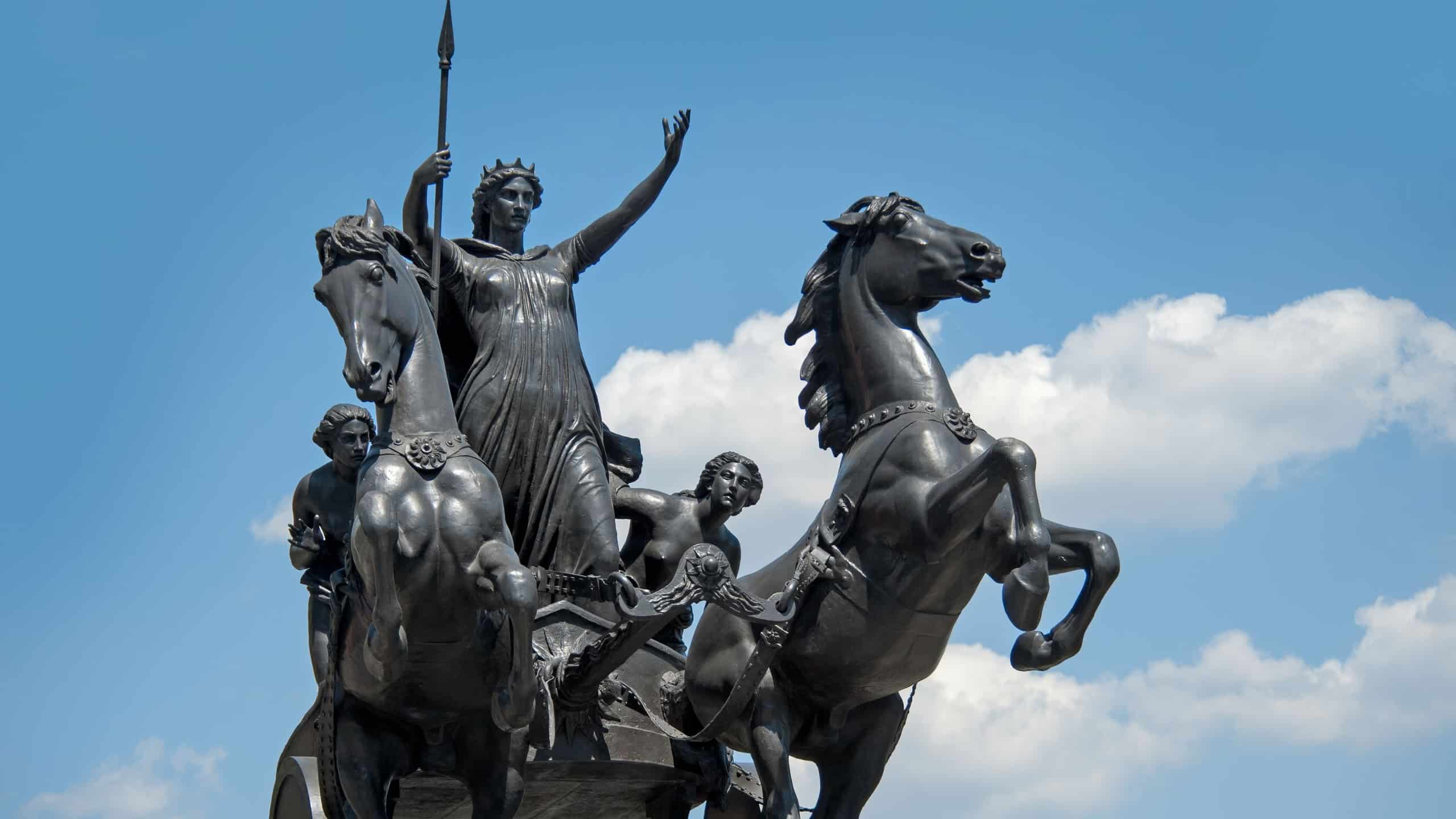 LONDON, UK - MAY 24, 2010: Statue of Queen Boudicca in a chariot on Westminster Bridge against blue sky