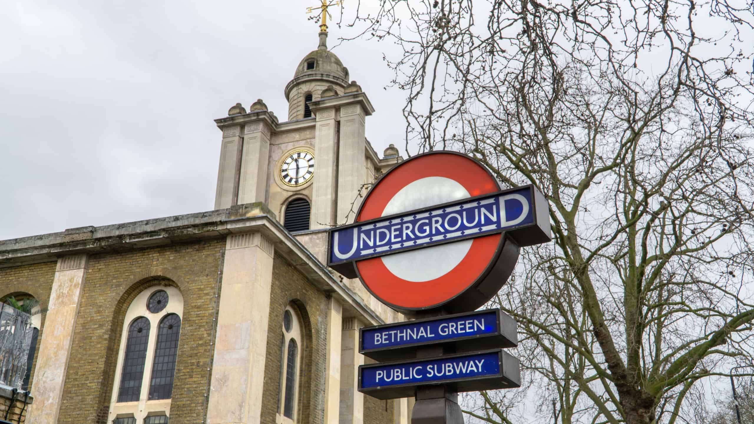 Bethnal Green Underground station and St John on Bethnal Green Church, East London