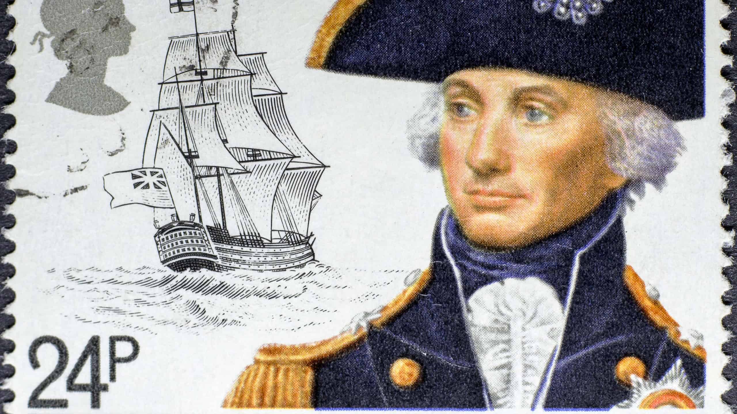Vintage stamp printed in United Kingdom shows HMS Victory and Lord Nelson, Vice-Admiral Horatio Nelson (1758 - 1805), a British flag officer in the Royal Navy