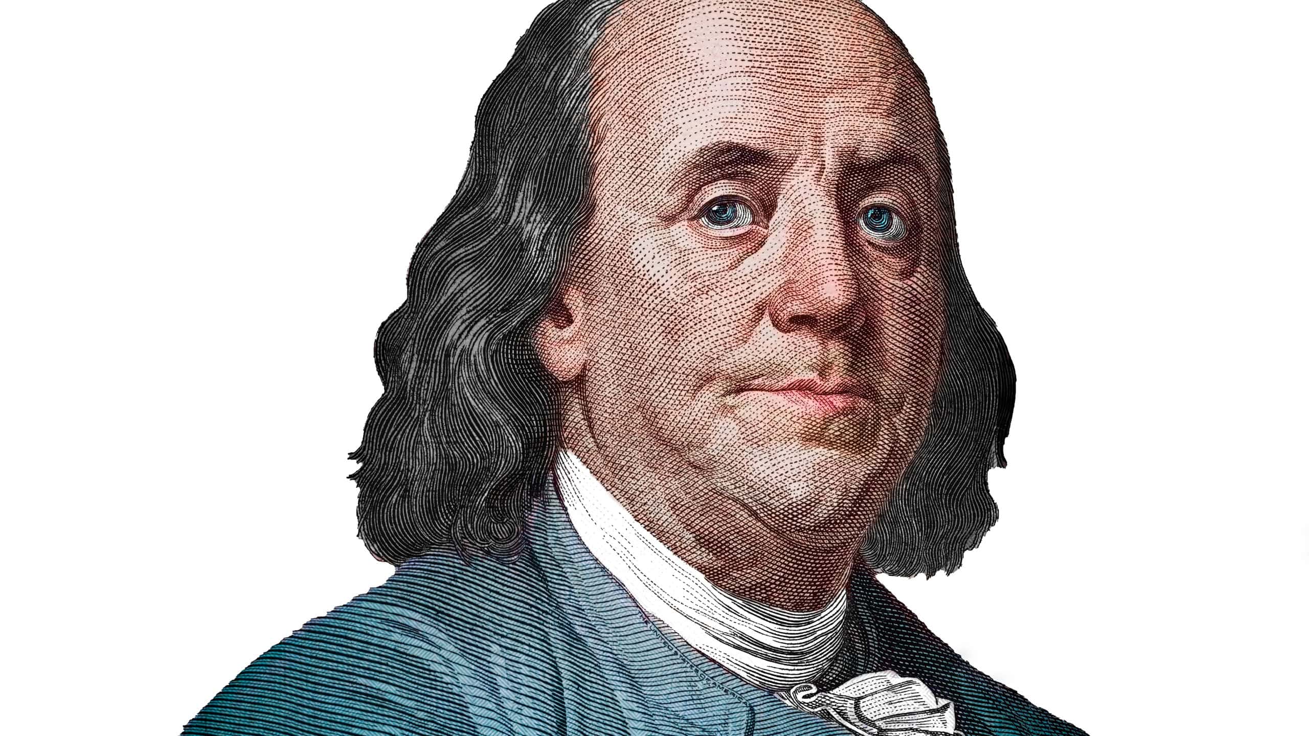 Benjamin Franklin cut on new 100 dollars banknote isolated on white background