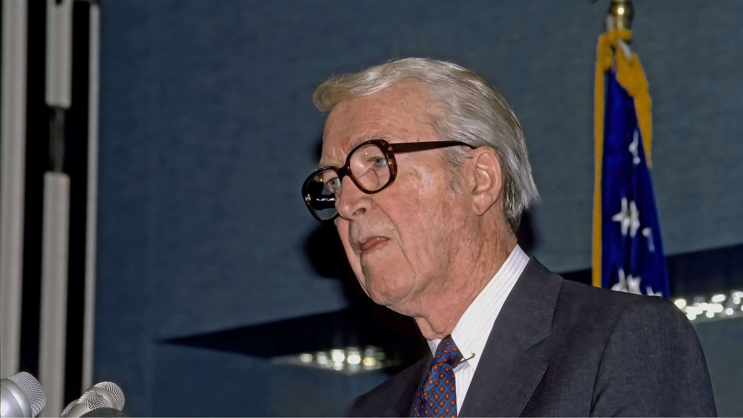 WASHINGTON DC, USA - MARCH 15, 1988Hollywood movie star James (Jimmy) Stewart speaking at National Press Club during the Directors Guild of America news conference about colorization of movies