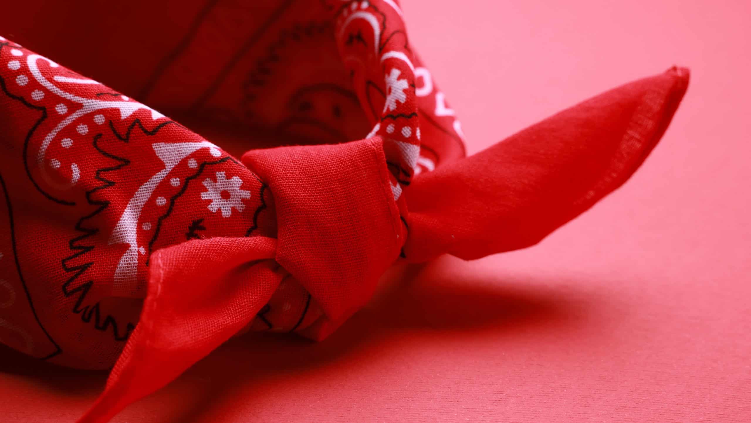 Tied bandana with paisley pattern on red background, closeup