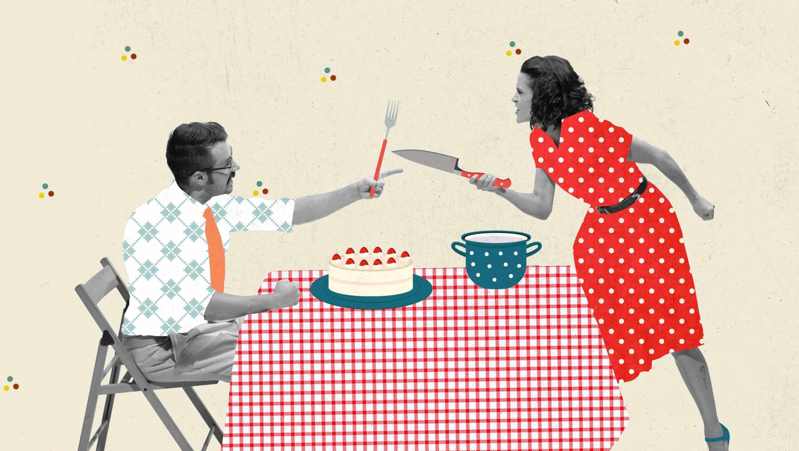 Contemporary artwork. Creative design in retro style. Young couple, man and woman quarreling in the kitchen with knife and fork. Domestic abuse. Concept of family, relationship, vintage, lifestyle.