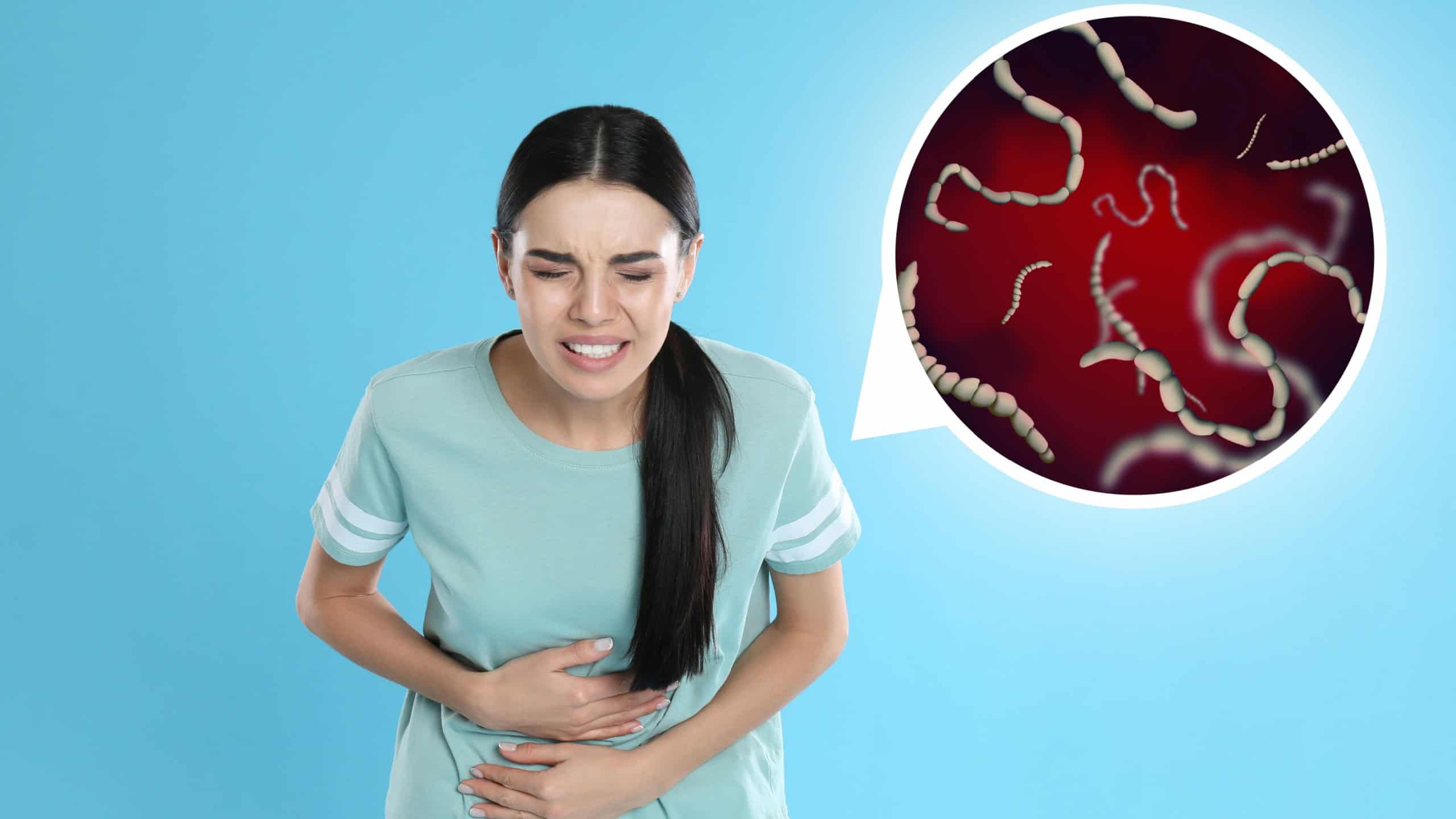 Parasites under microscope and woman suffering from helminthiasis