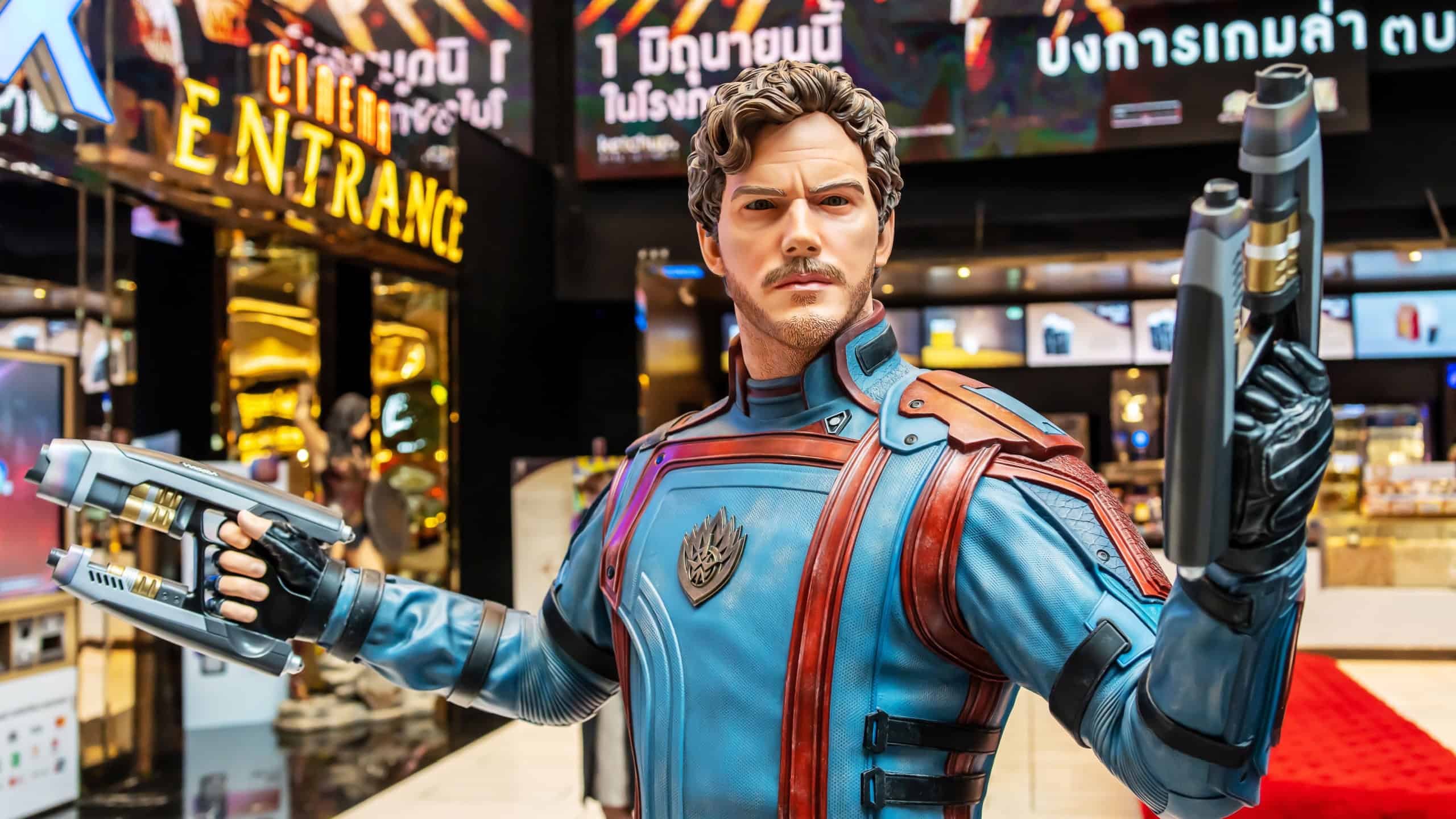 Close up shot of life-size Star Lord statue figure model of a movie called Guardians of the Galaxy Vol. 3