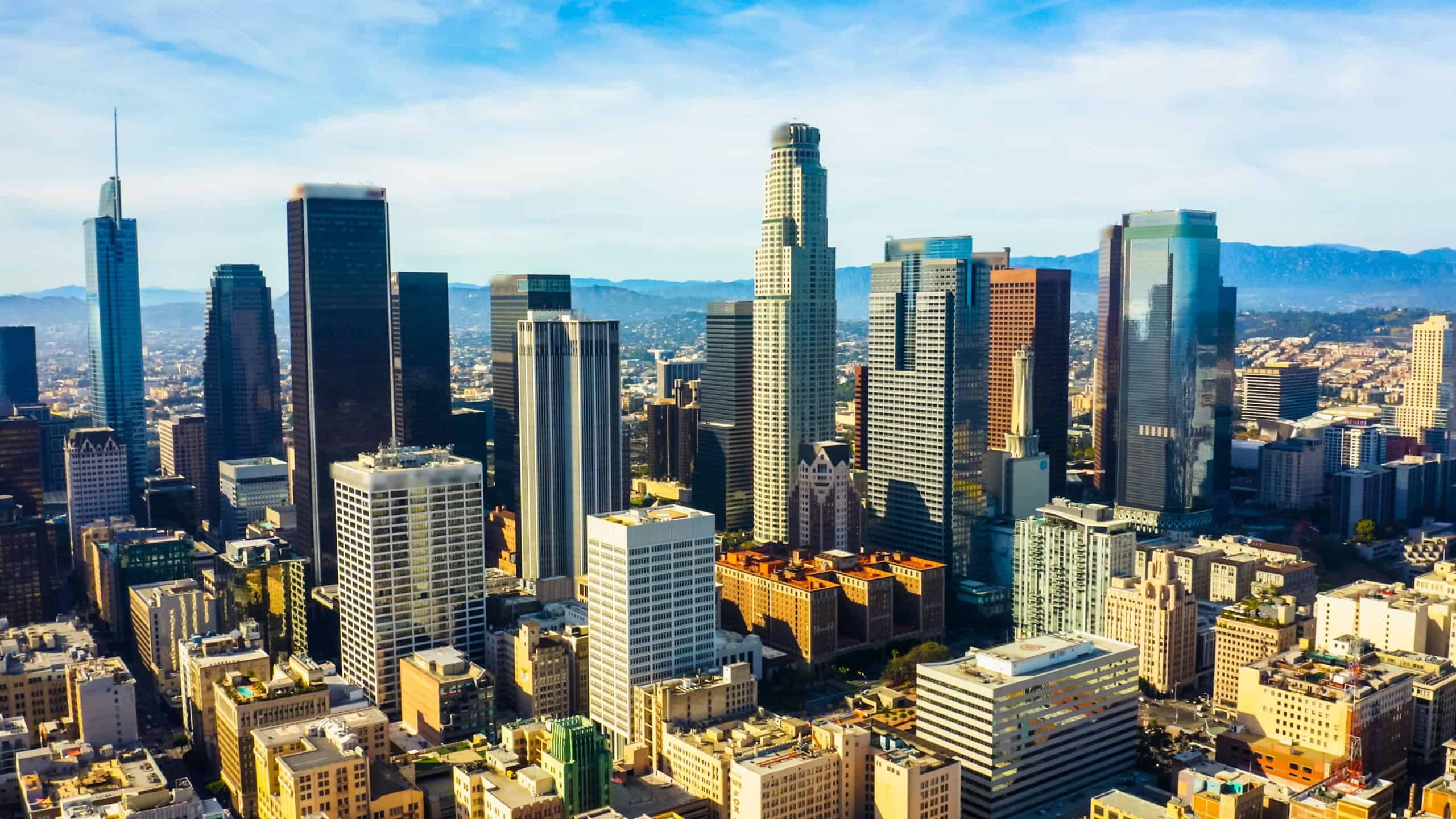 Los Angeles, California, USA downtown cityscape. Aerial view. Drone.