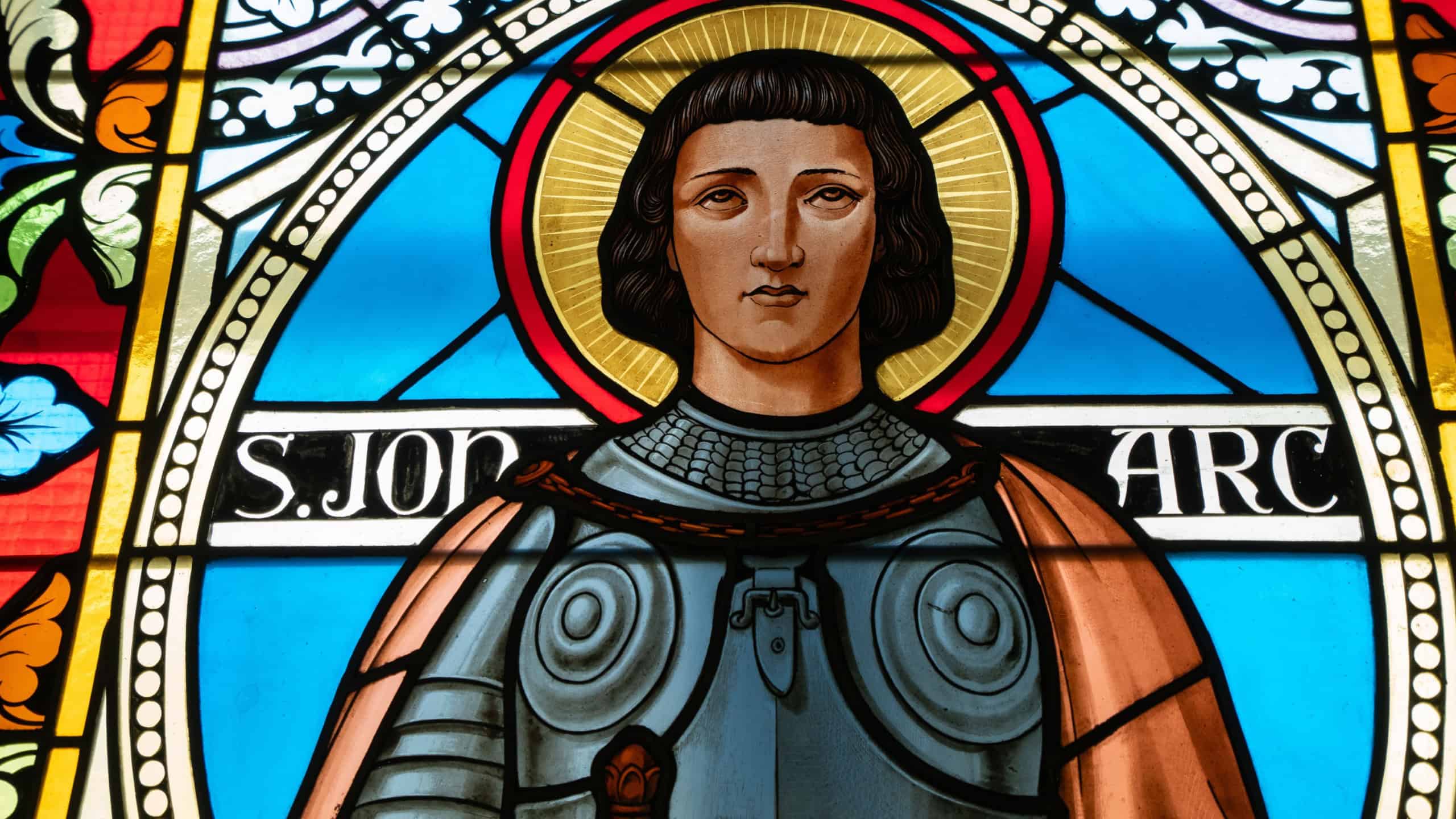 Saint Joan of Arc stained glass by St. Teresa Church Catholic Church (Azize Tereza Kilisesi) in Ankara. Ankara, Turkey - September 22, 2023.