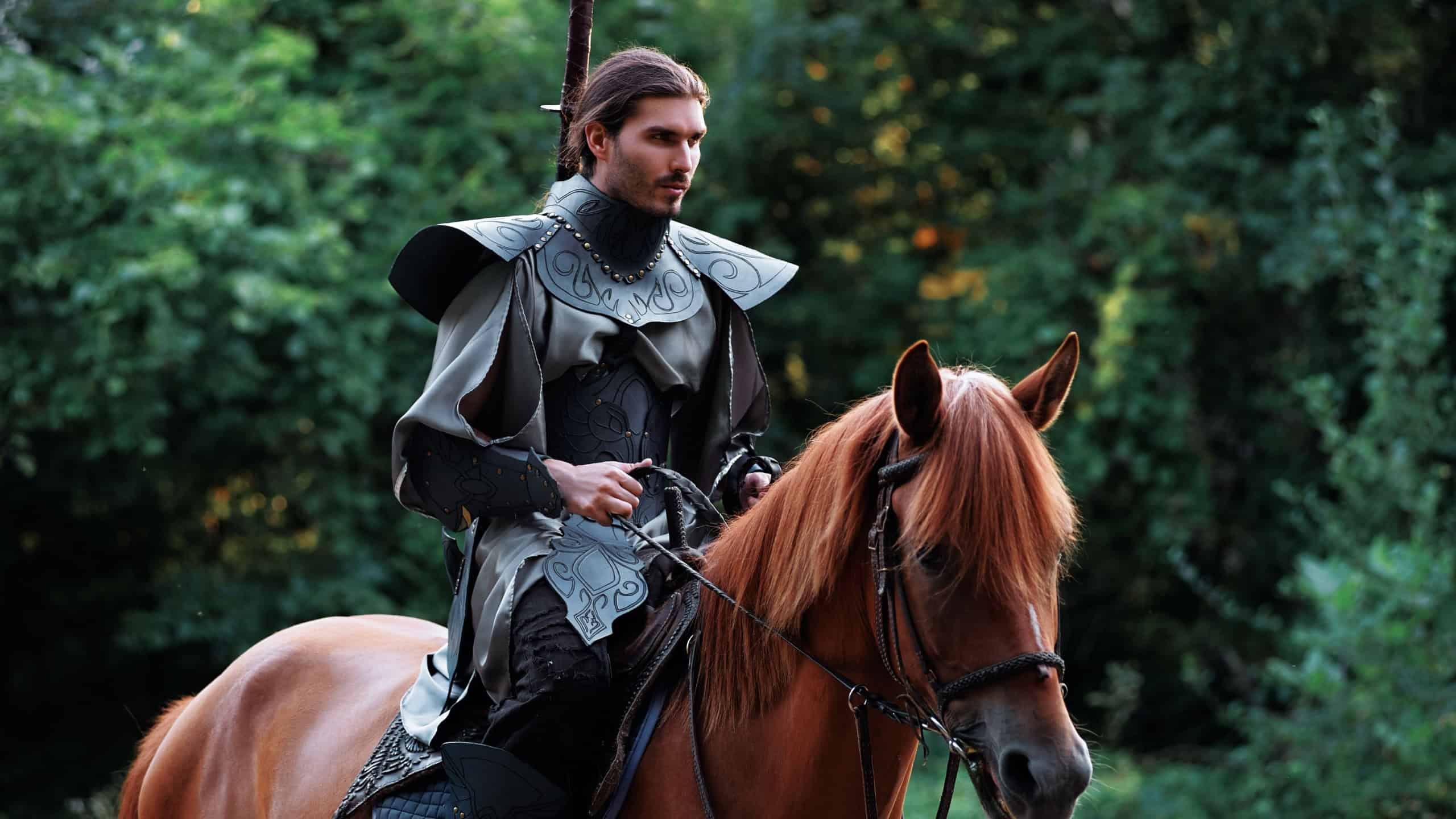 Fantasy armored warrior riding a horse