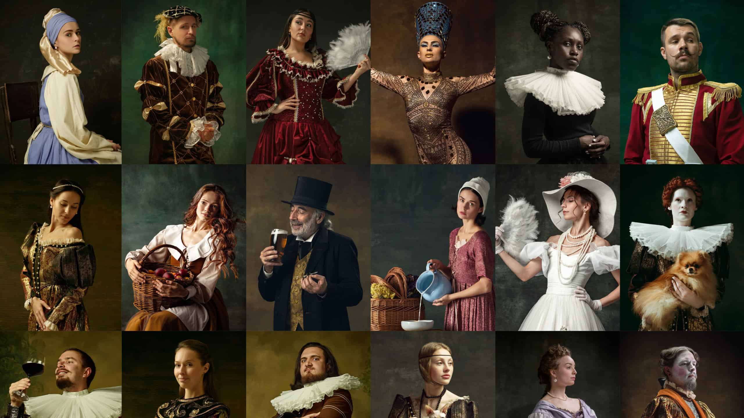 Collage. Portrait of different royal people, famous historical personages over dark vintage background. Concept of comparison of eras, modernity and renaissance, baroque style.