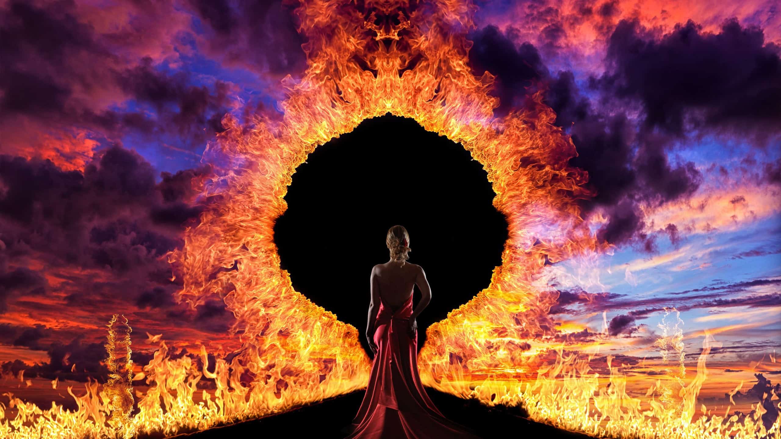 Woman at hell's door dramatic background
