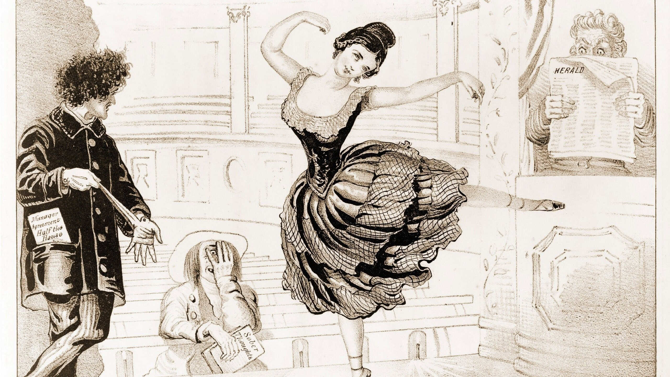 Lola Montez (1818-1861) Irish dancer, and one time mistress of the King of Bavaria, toured the United States from 1851-53. Puritan peeking at her through his fingers, 1852.