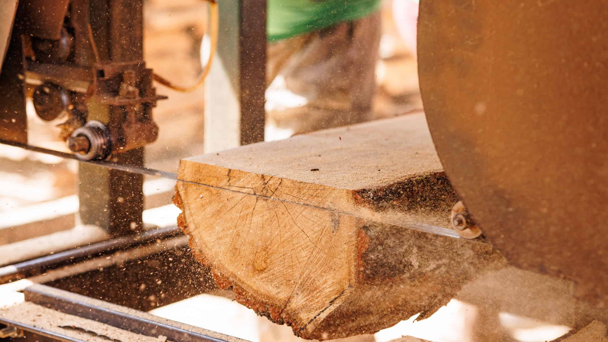 A close-up view of a log being cut on a sawmill. The saw blade is visible, and sawdust is flying around, indicating active cutting. The log shows natural wood grain and a rough texture.