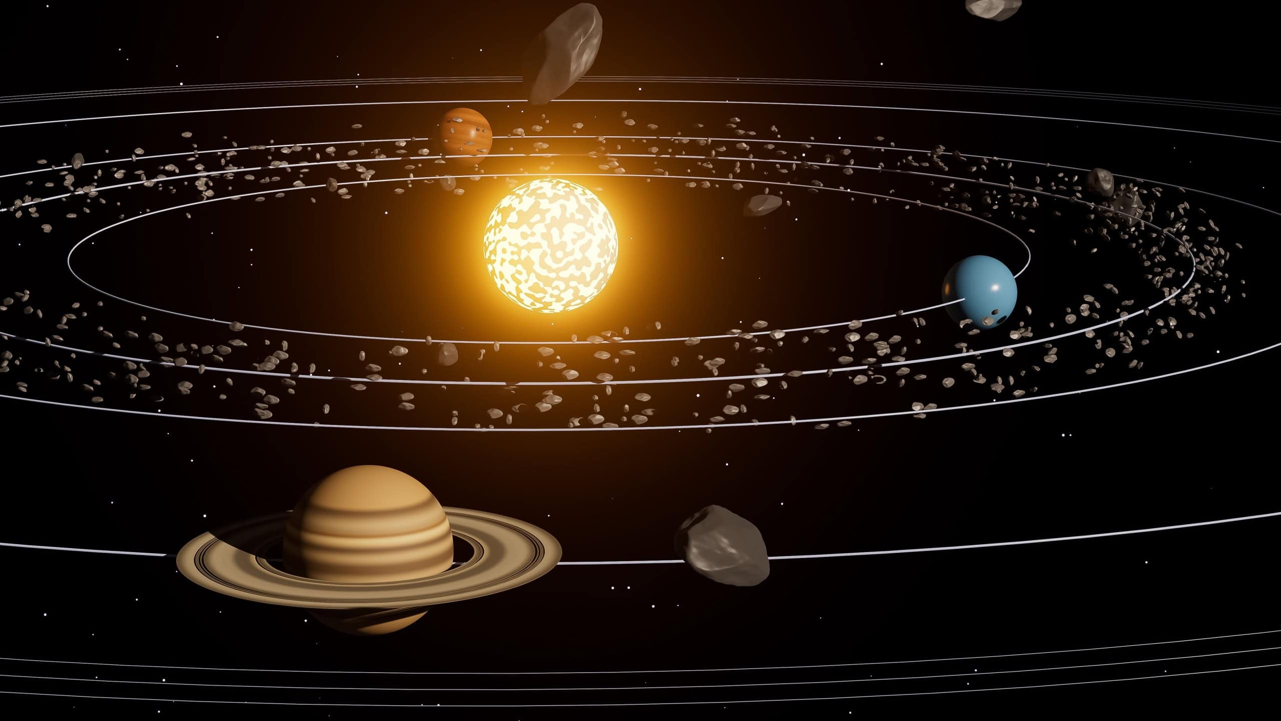 A close up of the solar system with the sun in the center and planet saturn