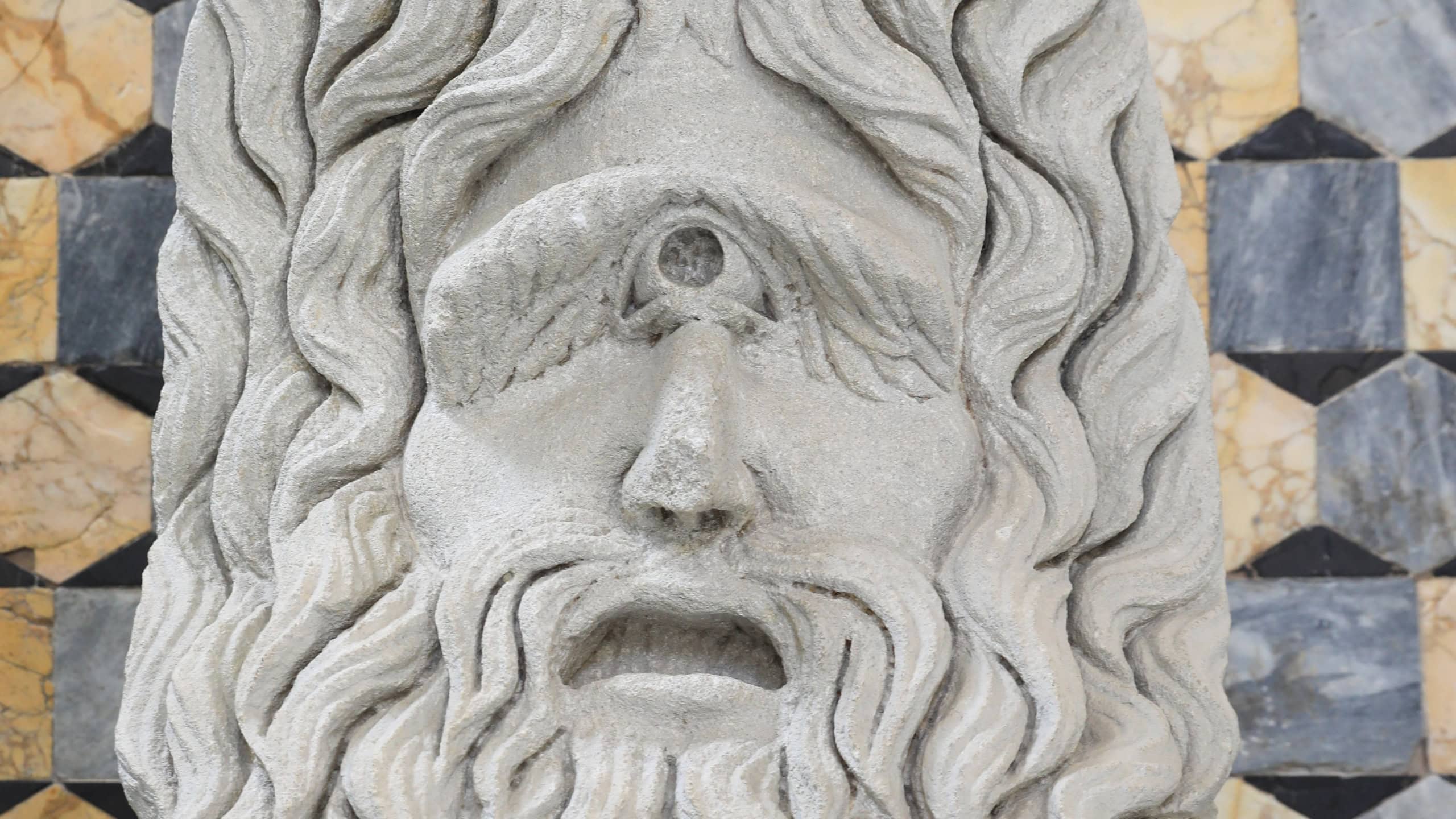 Ancient Roman cyclops mask in the Archaeological Museum in Orange, France, 10-02-2024