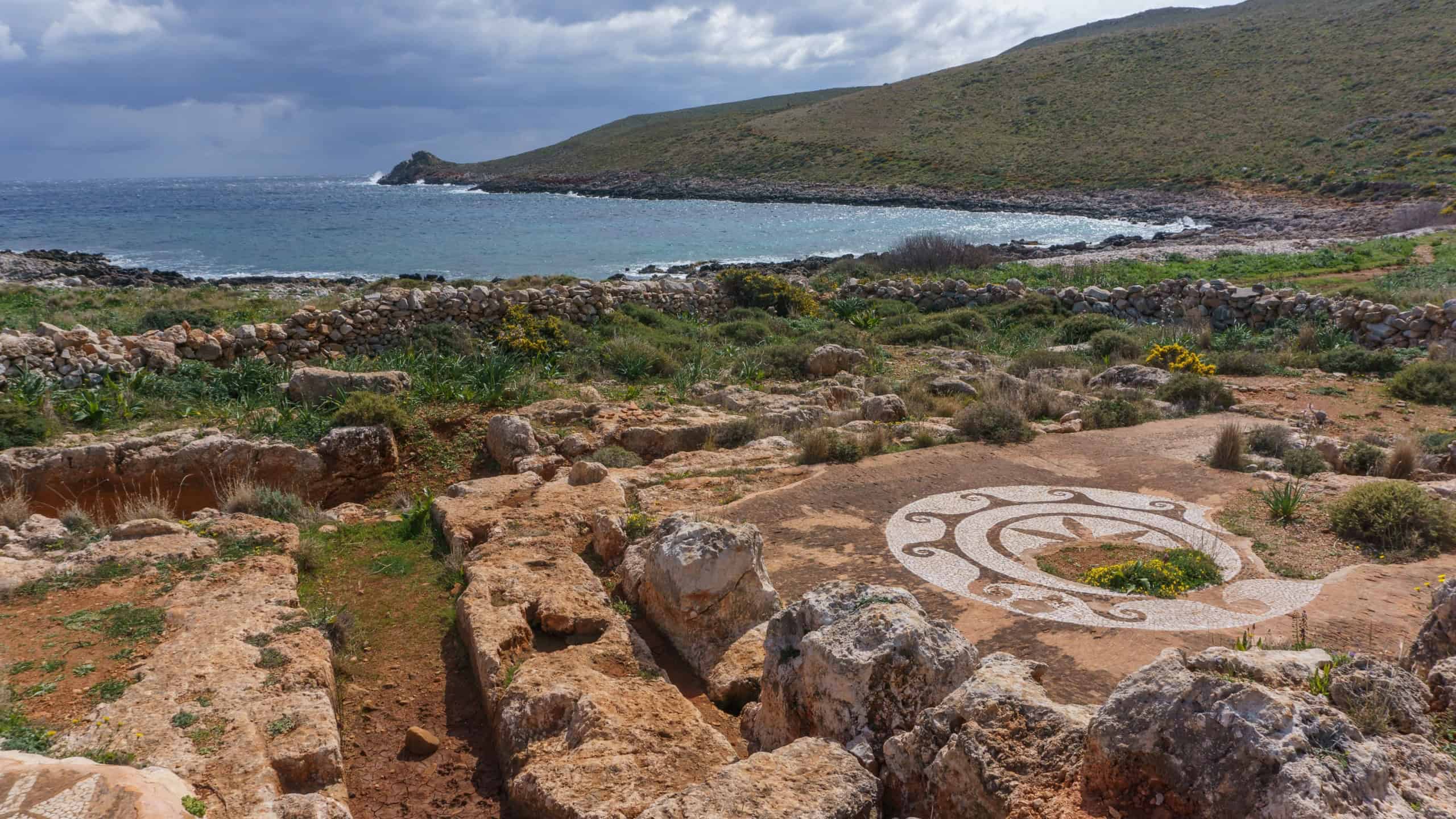 Old mosaic in ruin of ancient Roman baths at Cape Matapan or Tainaron, Mani, Peloponnese, Greece