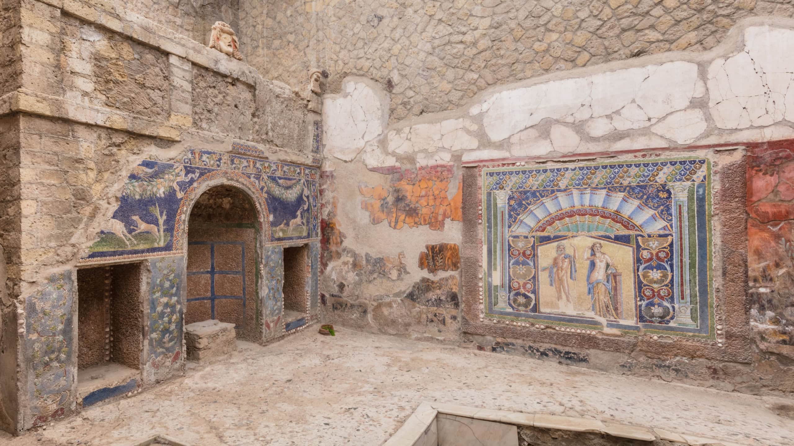Neptune and Salacia wall mosaic in Herculaneum, Italy