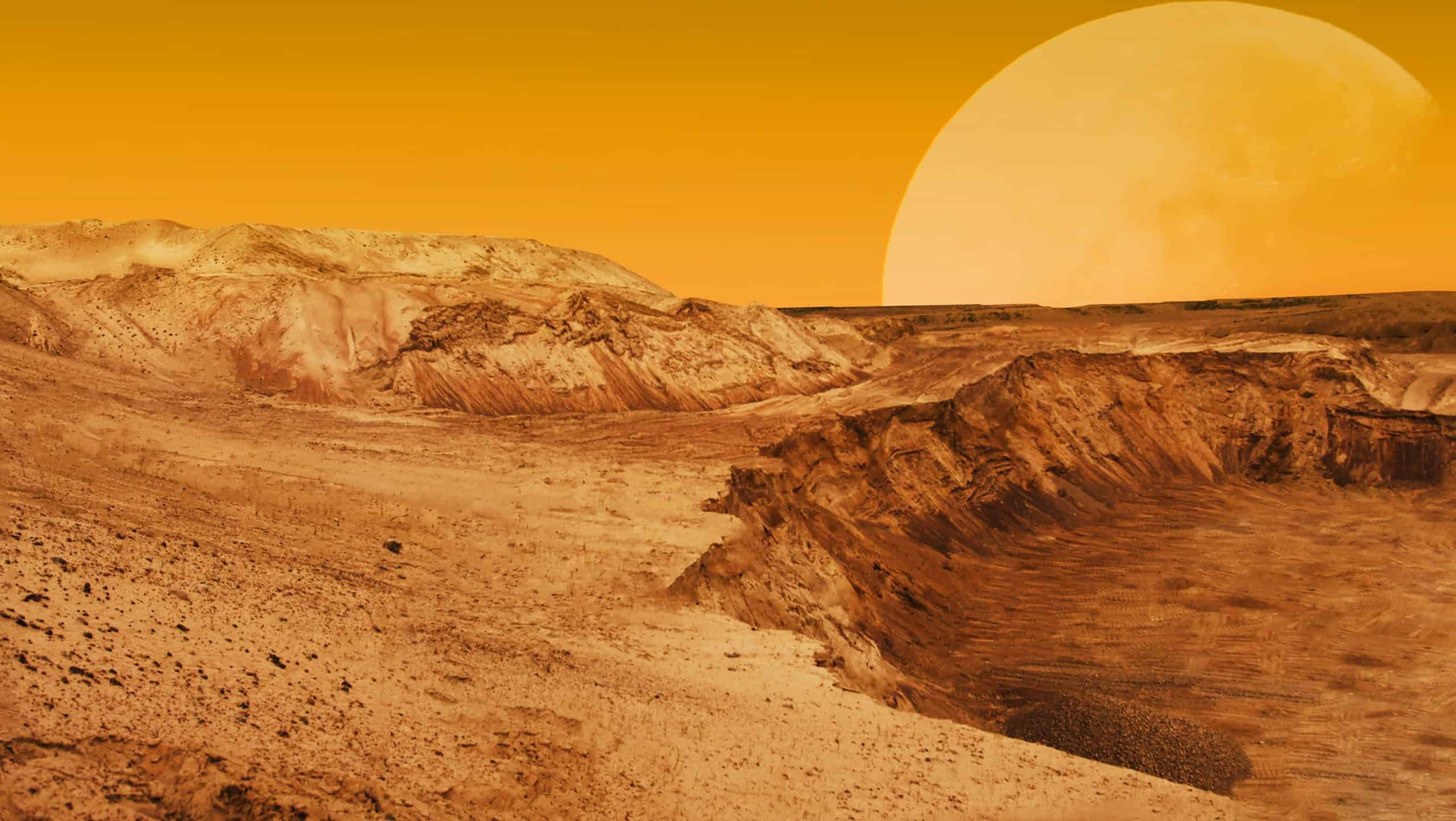Mars exploration, landscape with moon and crater