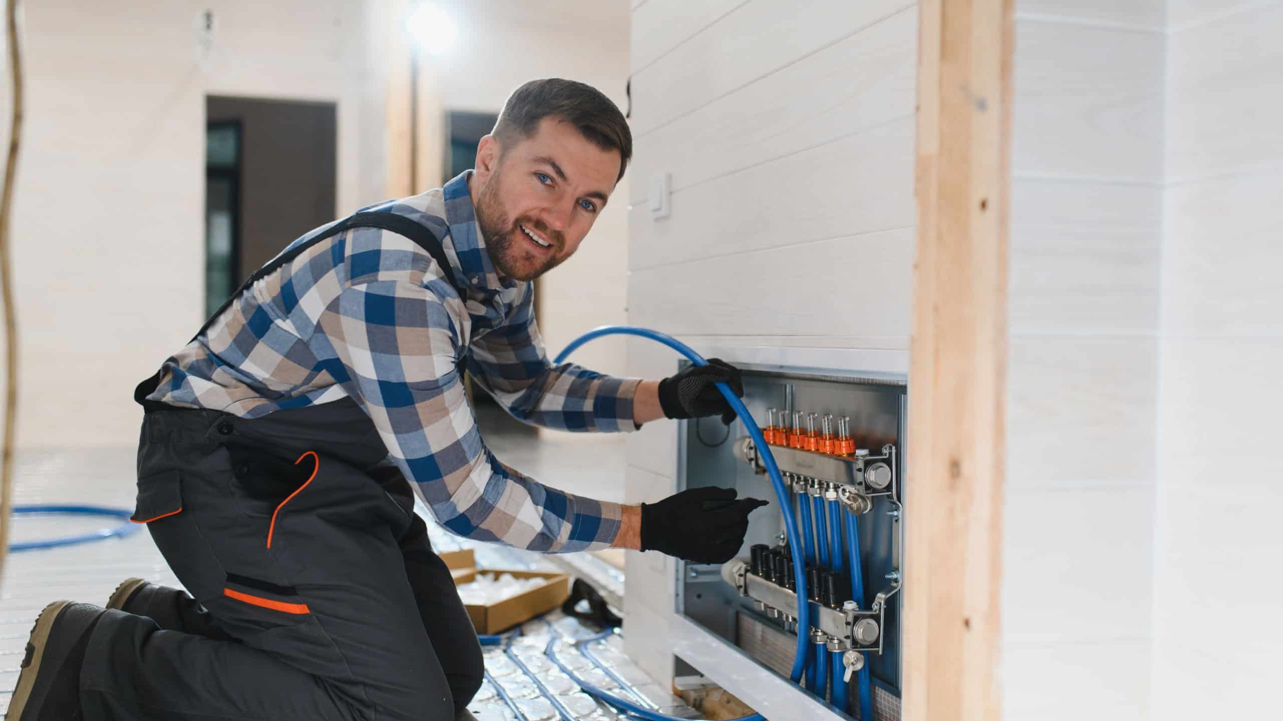 Pipe fitter mounted underfloor heating. Heating system and underfloor heating. Central heating.