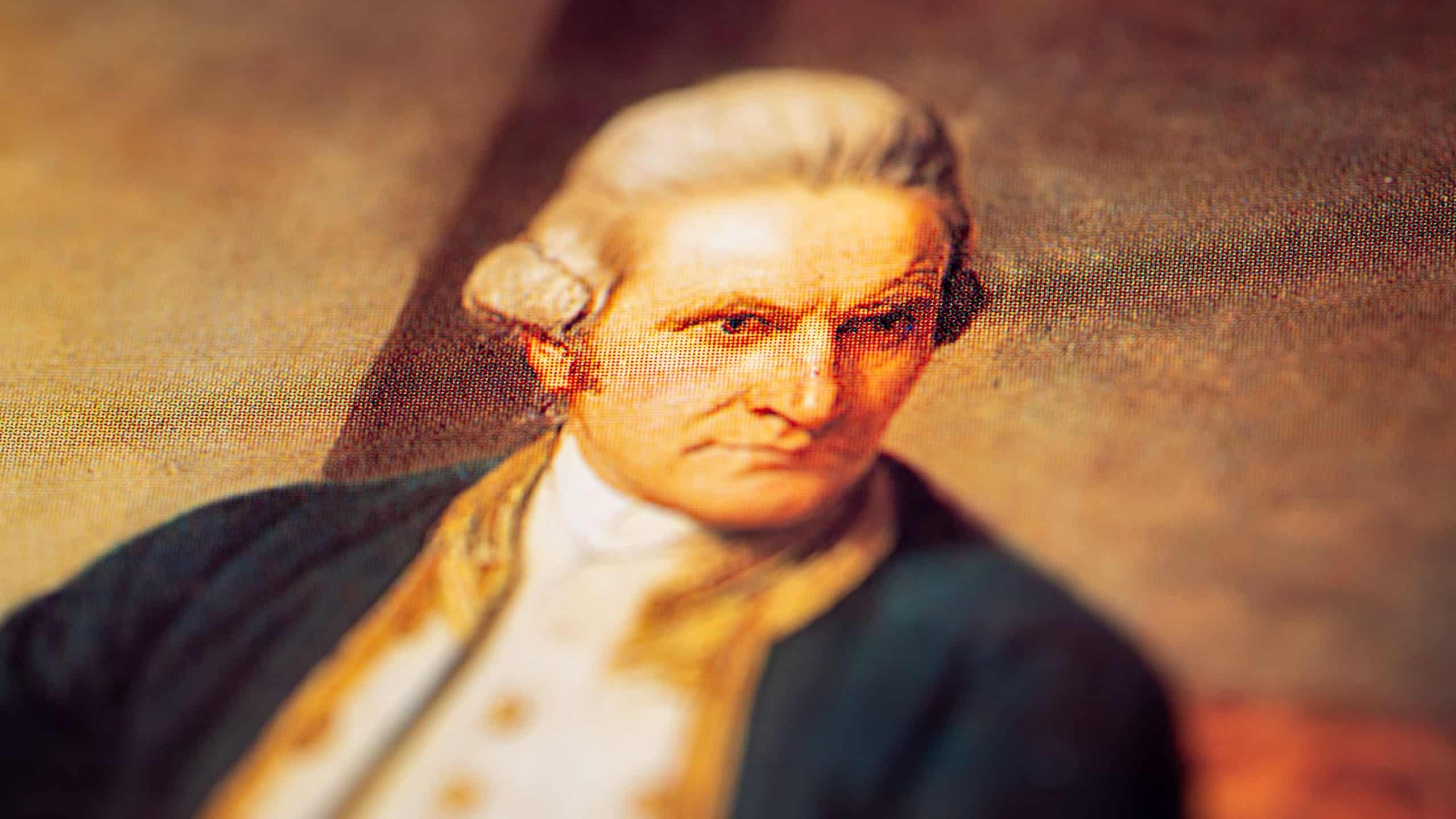 Portrait of Captain James Cook from a history book. Toronto, Canada - January 29, 2025.