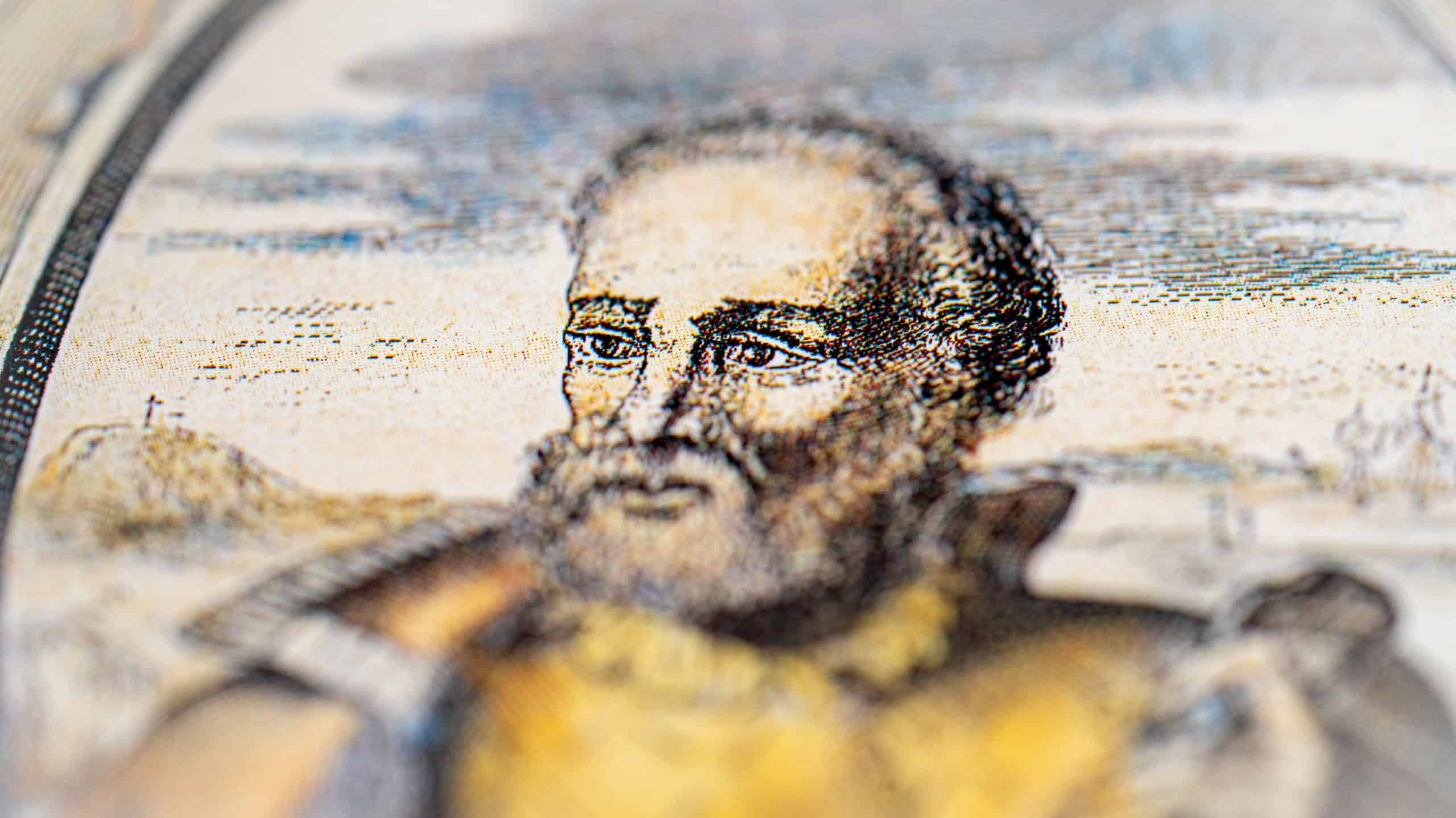 Portrait of Ferdinand Magellan from a history book. Toronto, Canada - January 29, 2025.