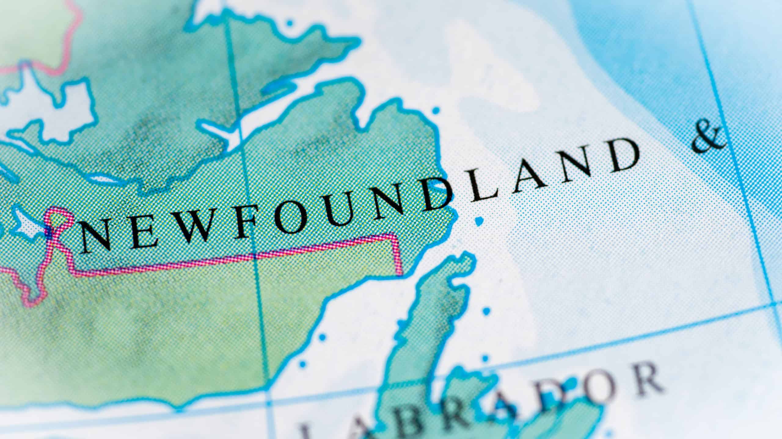 Newfoundland and Labrador state, Canada highlighted on a world map.